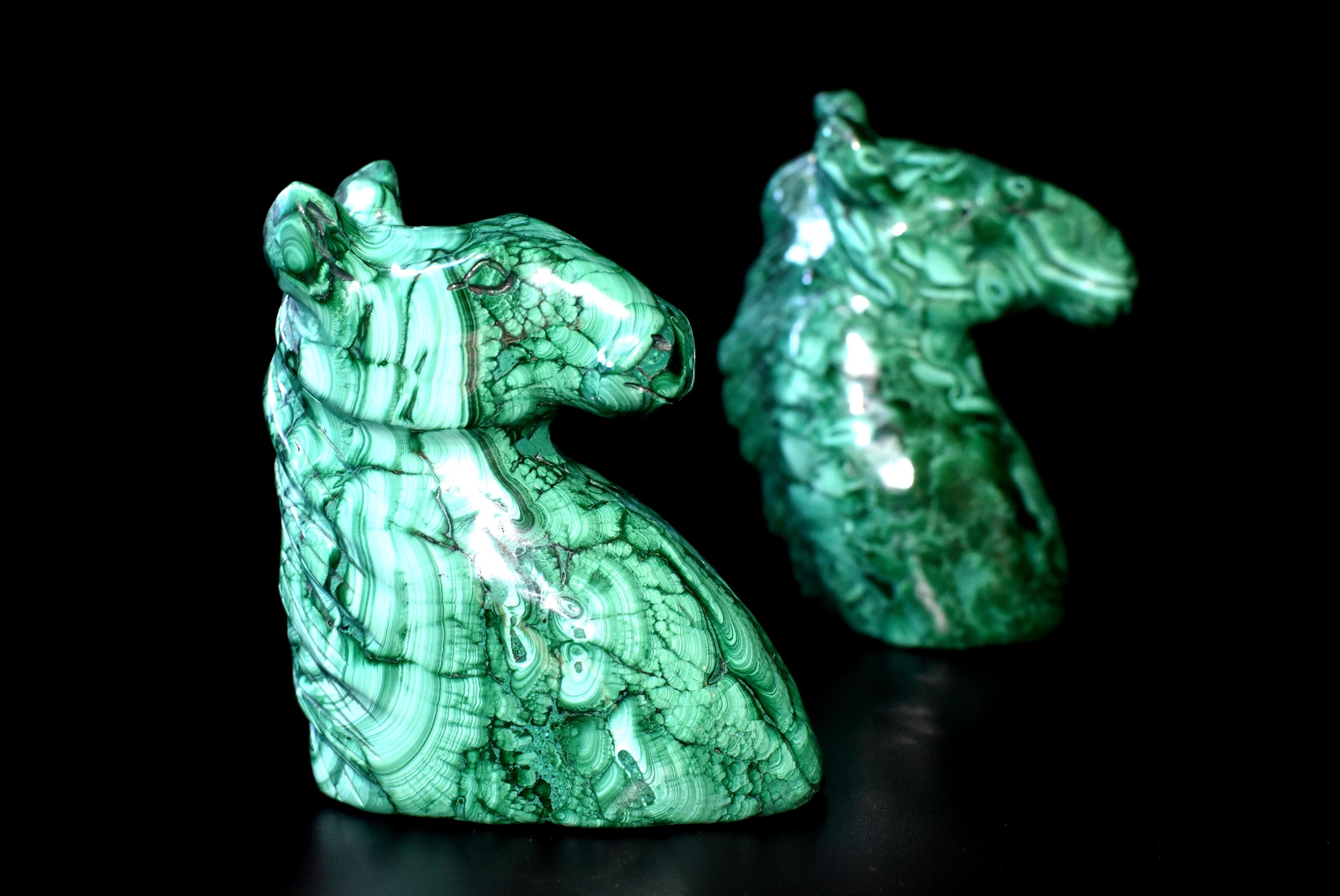 Hand-Crafted Natural Malachite Horse Sculptures Pair Bookends Paperweights