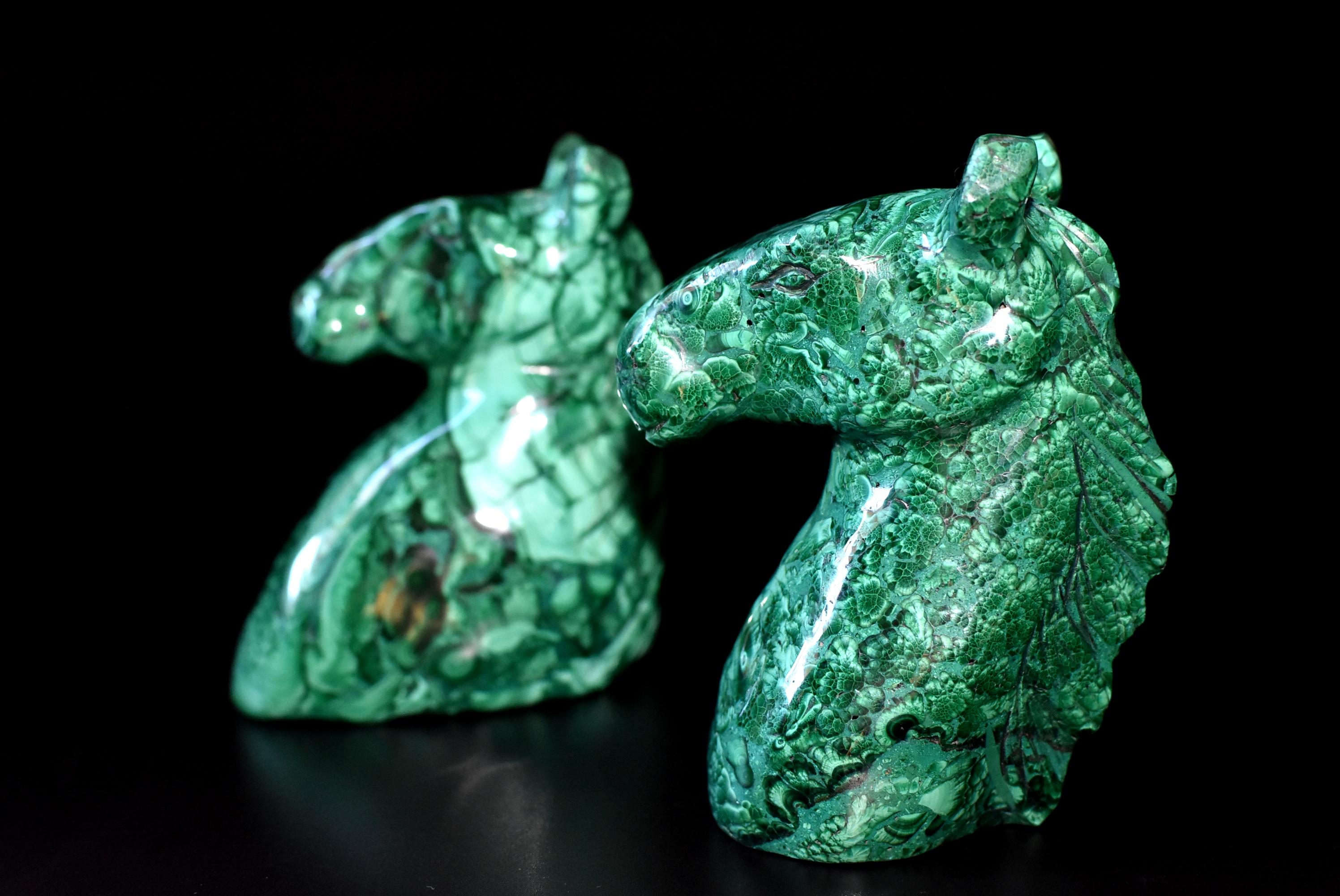Natural Malachite Horse Sculptures Pair Bookends Paperweights In Excellent Condition In Somis, CA