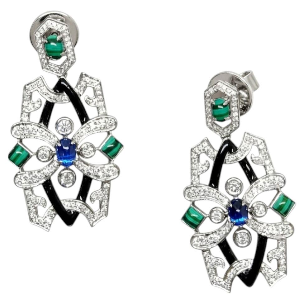 Natural Malachite, Kyanite & Diamond Earring in 18k Gold For Sale