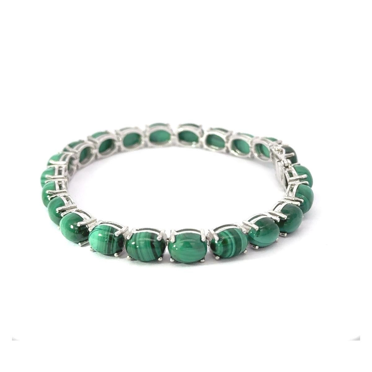 Art Nouveau Natural Malachite Oval Cabochon Bracelet Gift for Garndma in 925 Silver Bracelet For Sale