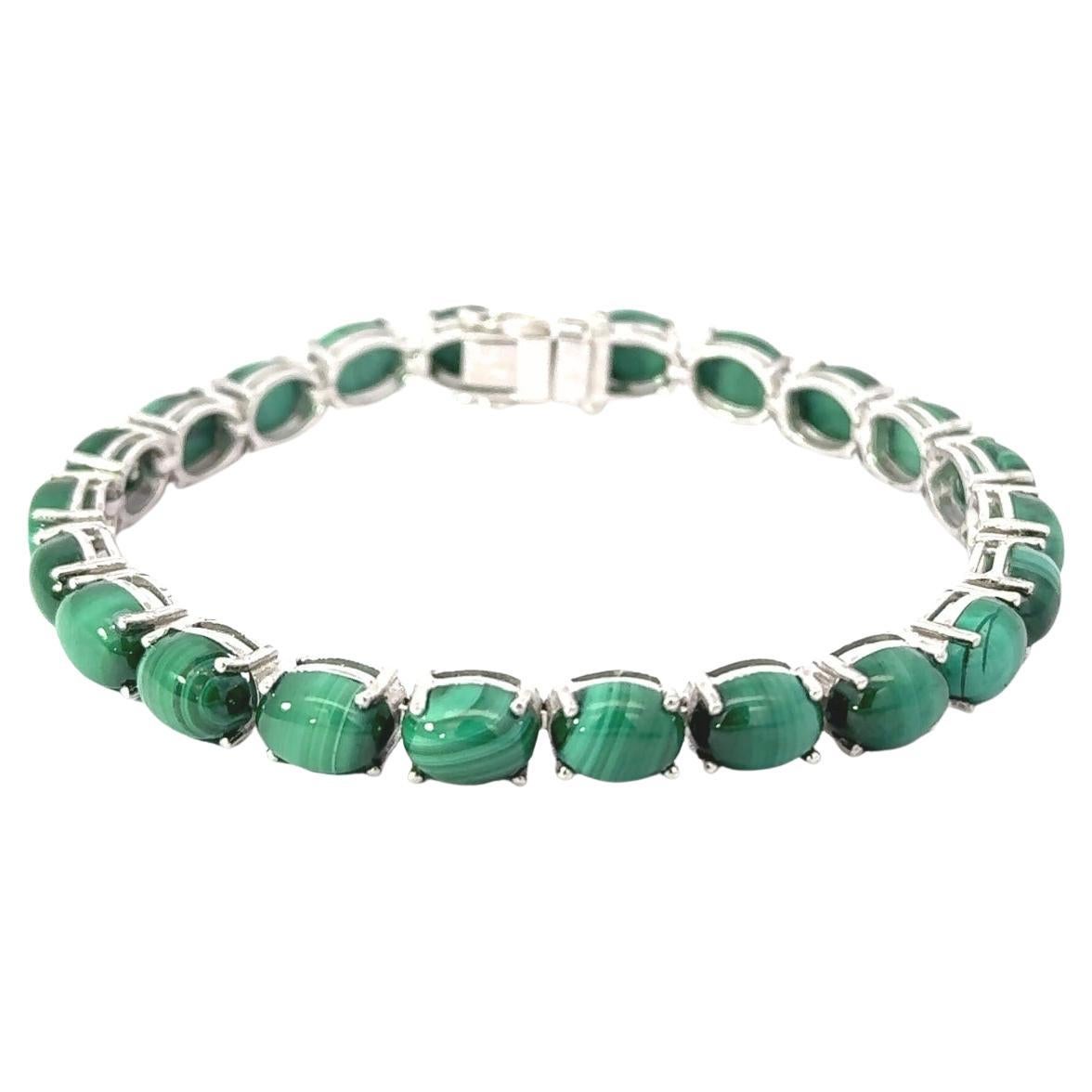 Natural Malachite Oval Cabochon Bracelet Gift for Garndma in 925 Silver Bracelet For Sale