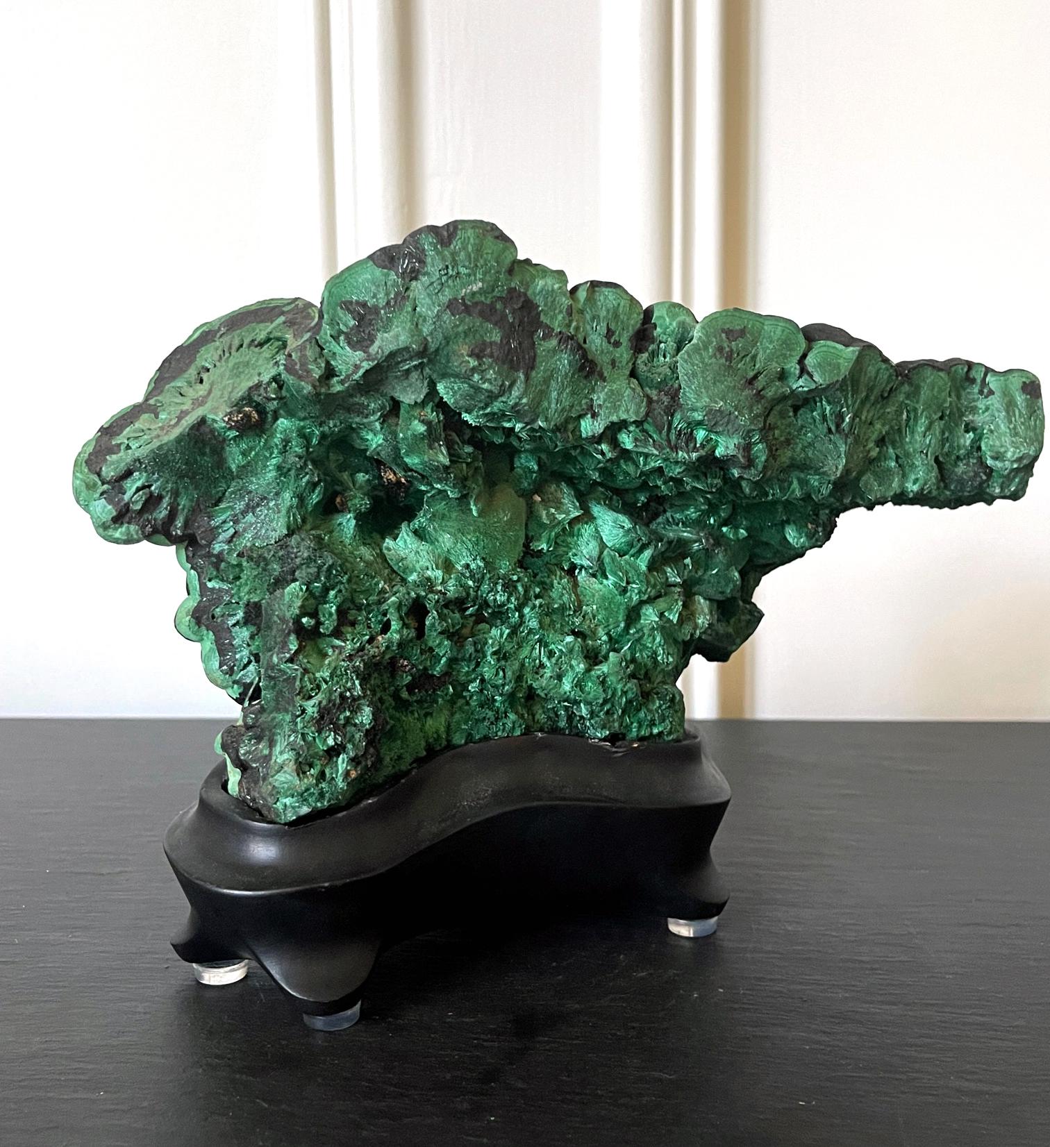 Natural Malachite Rock on Display Stand as a Scholar Stone For Sale 9