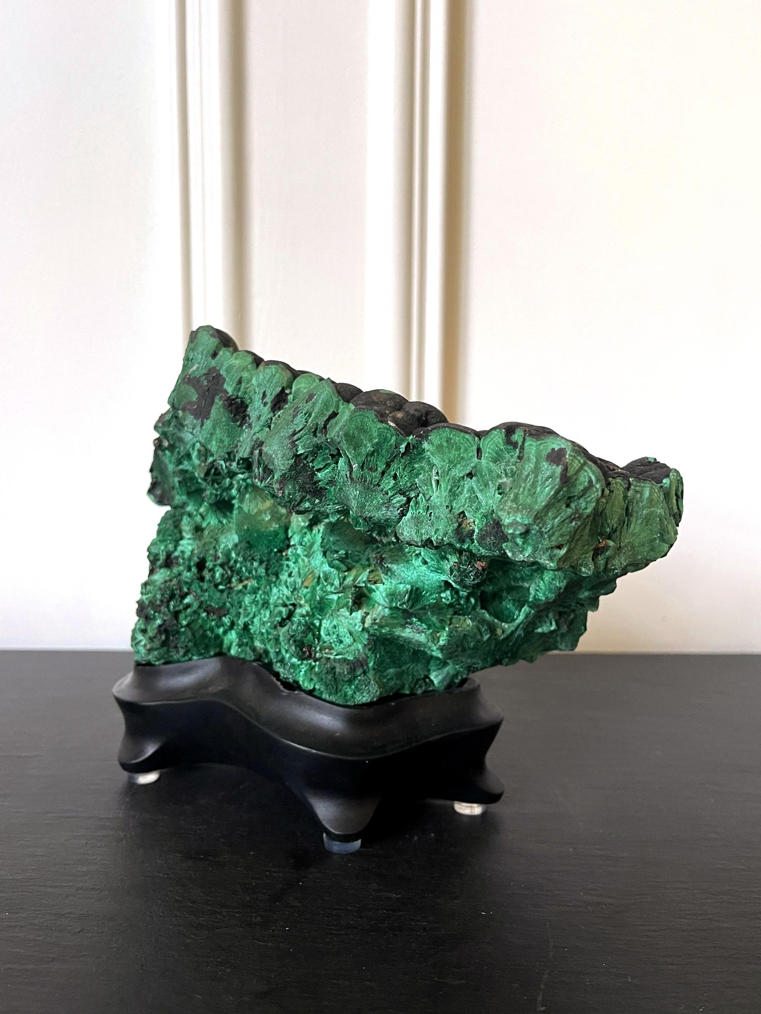 American Natural Malachite Rock on Display Stand as a Scholar Stone For Sale