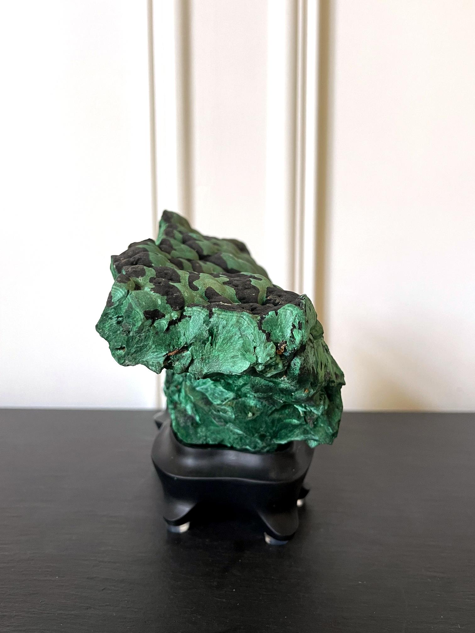Natural Malachite Rock on Display Stand as a Scholar Stone In Good Condition For Sale In Atlanta, GA