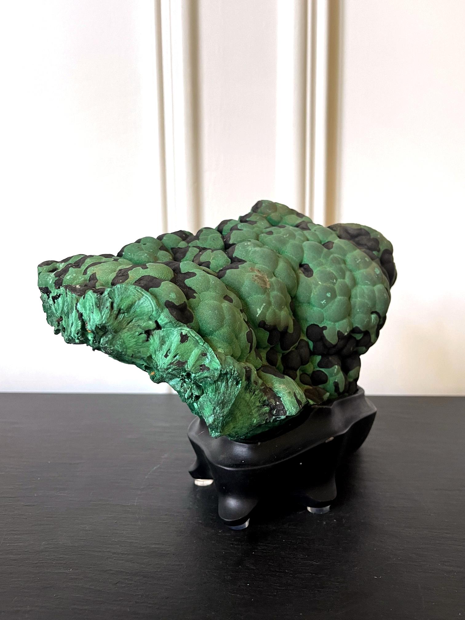 20th Century Natural Malachite Rock on Display Stand as a Scholar Stone For Sale