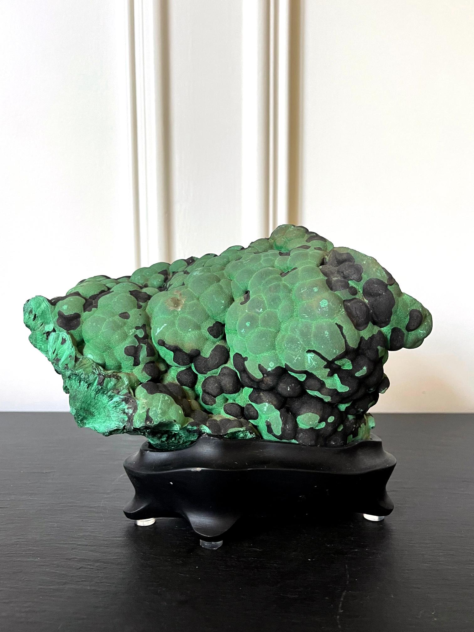 Natural Malachite Rock on Display Stand as a Scholar Stone For Sale 1