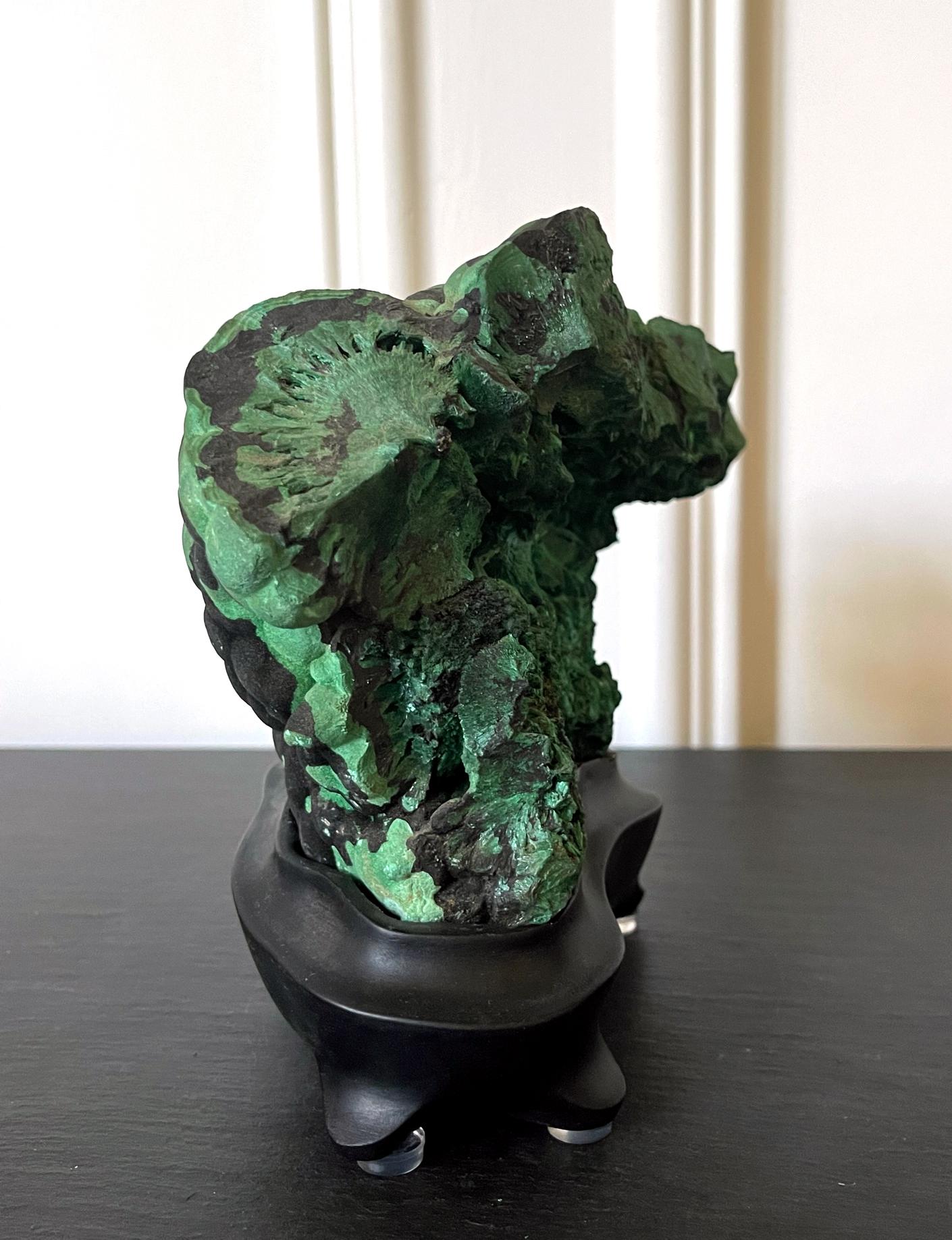Natural Malachite Rock on Display Stand as a Scholar Stone For Sale 2