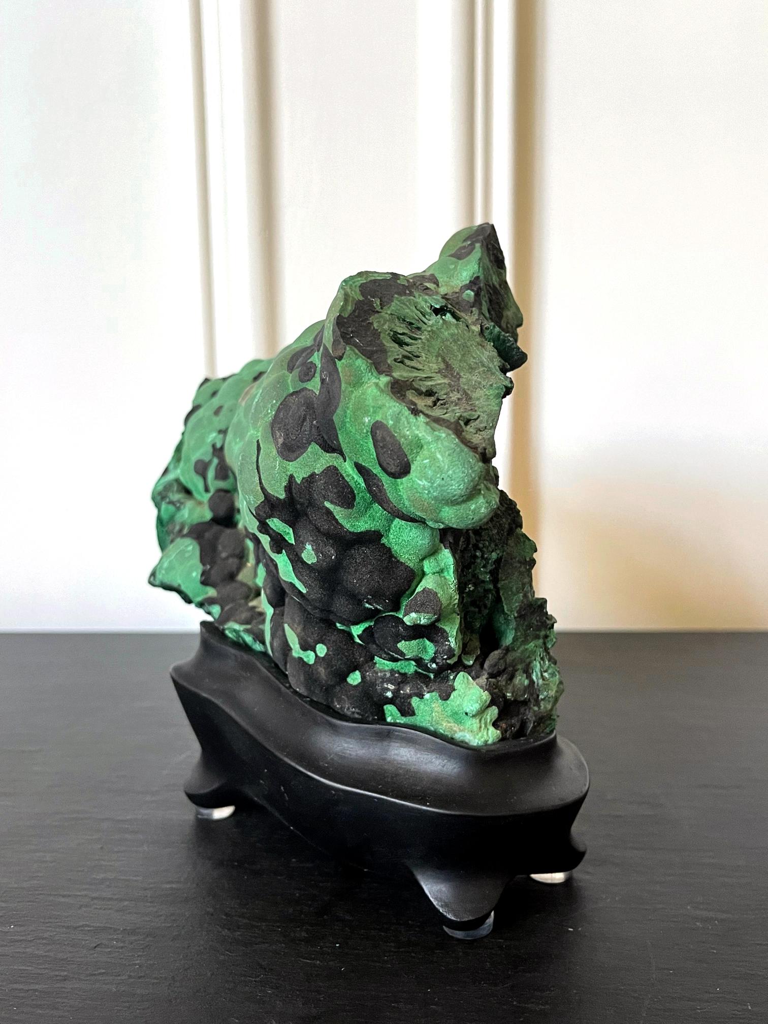 Natural Malachite Rock on Display Stand as a Scholar Stone For Sale 3
