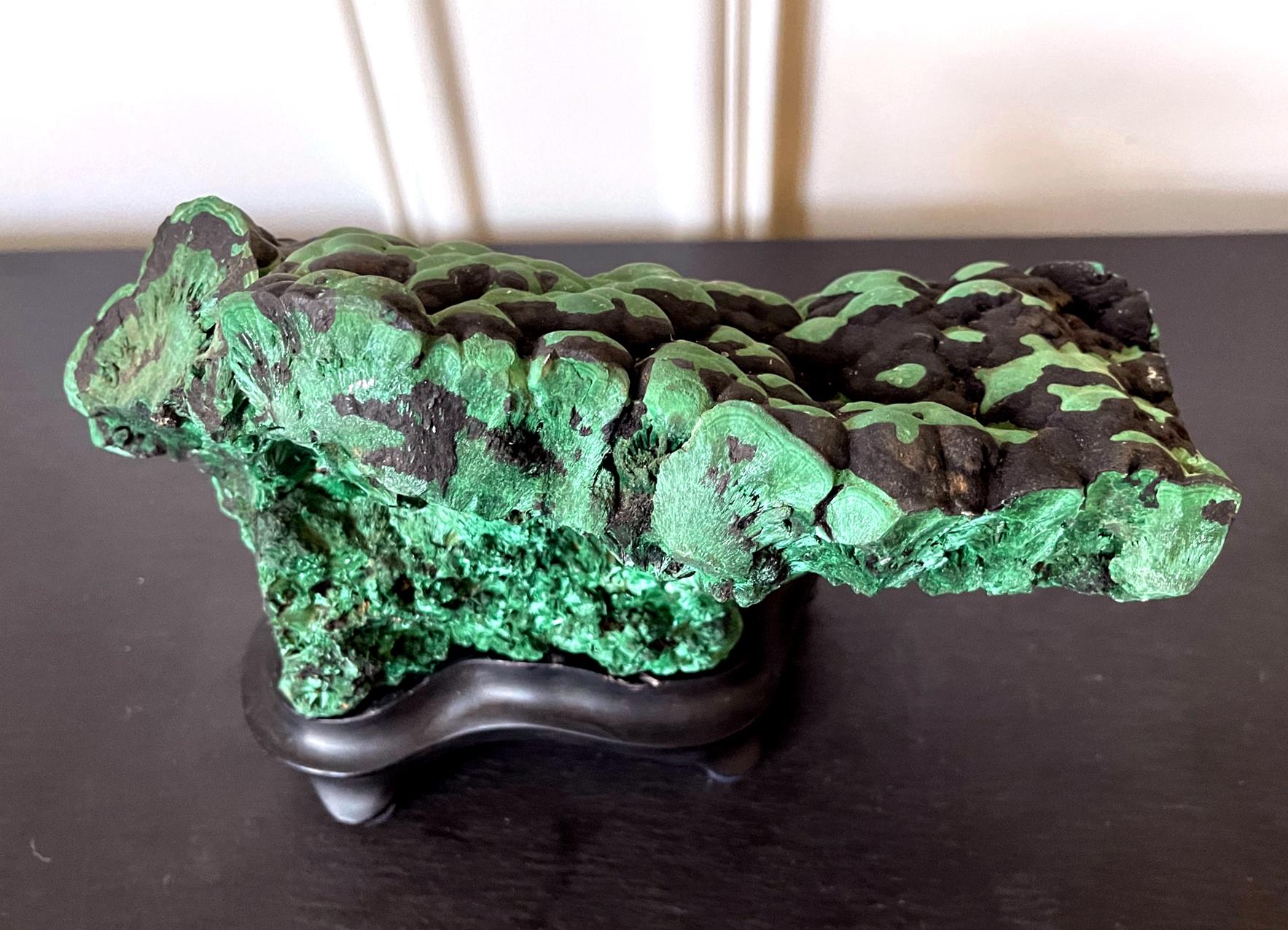 Natural Malachite Rock on Display Stand as a Scholar Stone For Sale 4