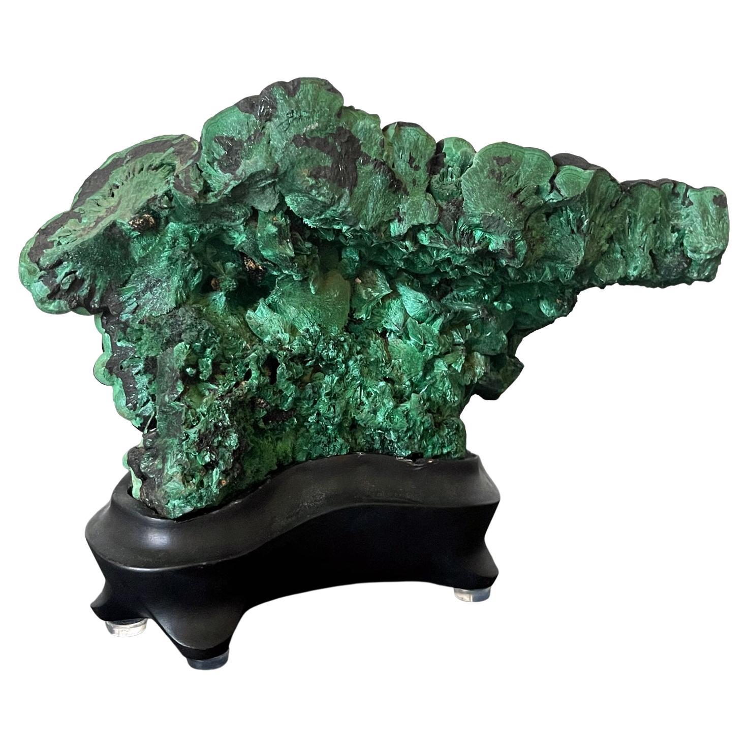 Natural Malachite Rock on Display Stand as a Scholar Stone For Sale