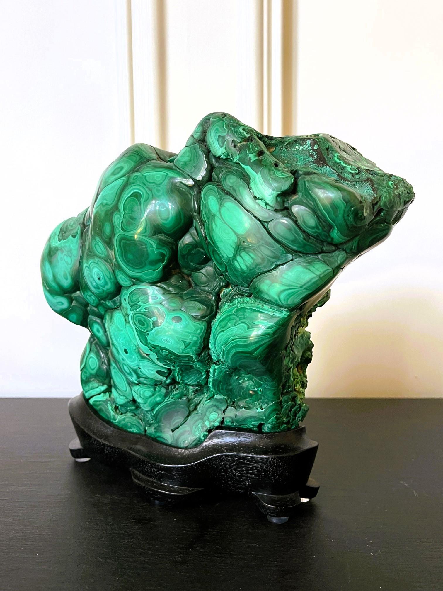 Chinoiserie Natural Malachite Rock on Display Stand as Chinese Scholar Stone
