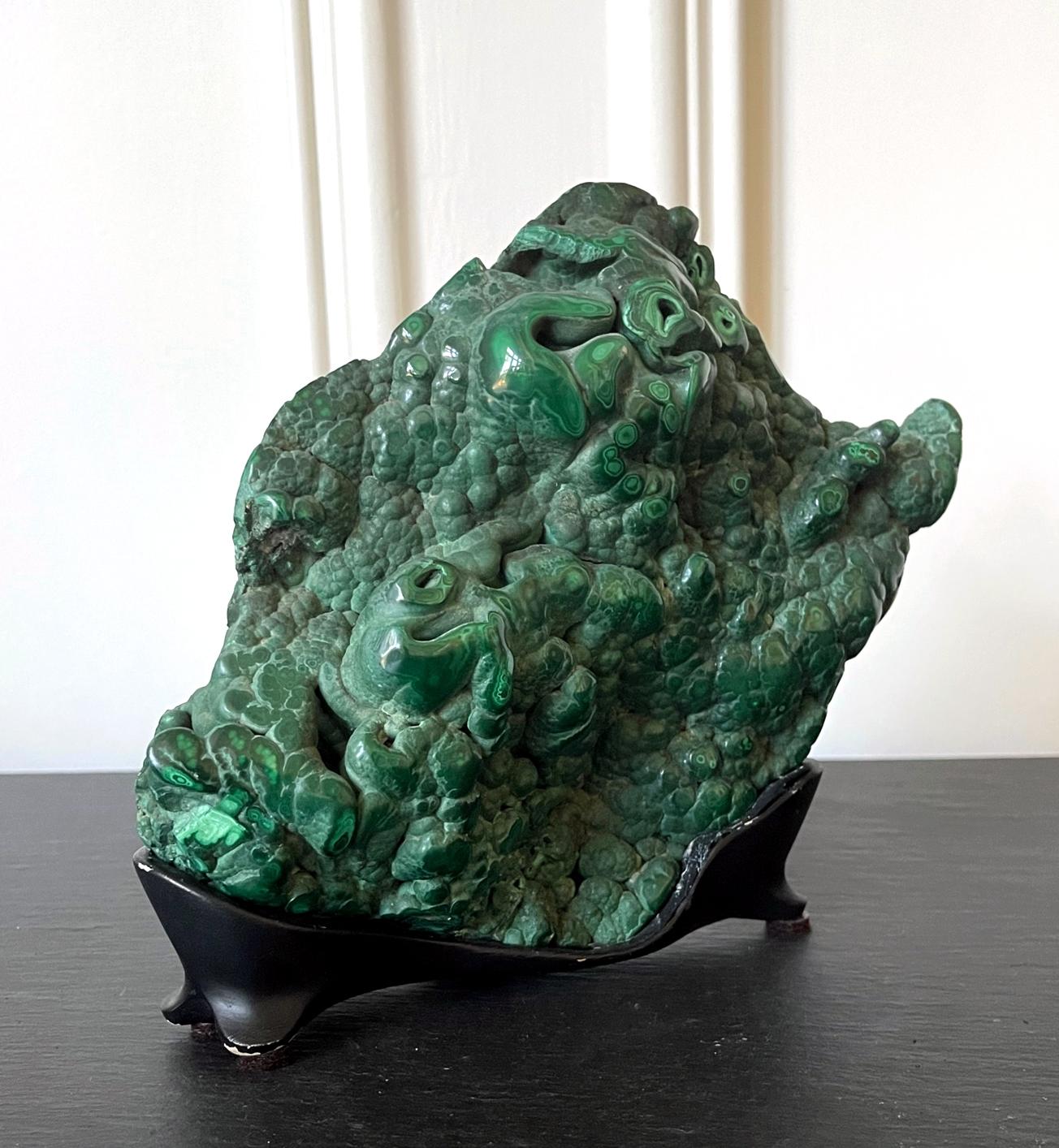 Chinoiserie Natural Malachite Rock on Display Stand as Chinese Scholar Stone For Sale