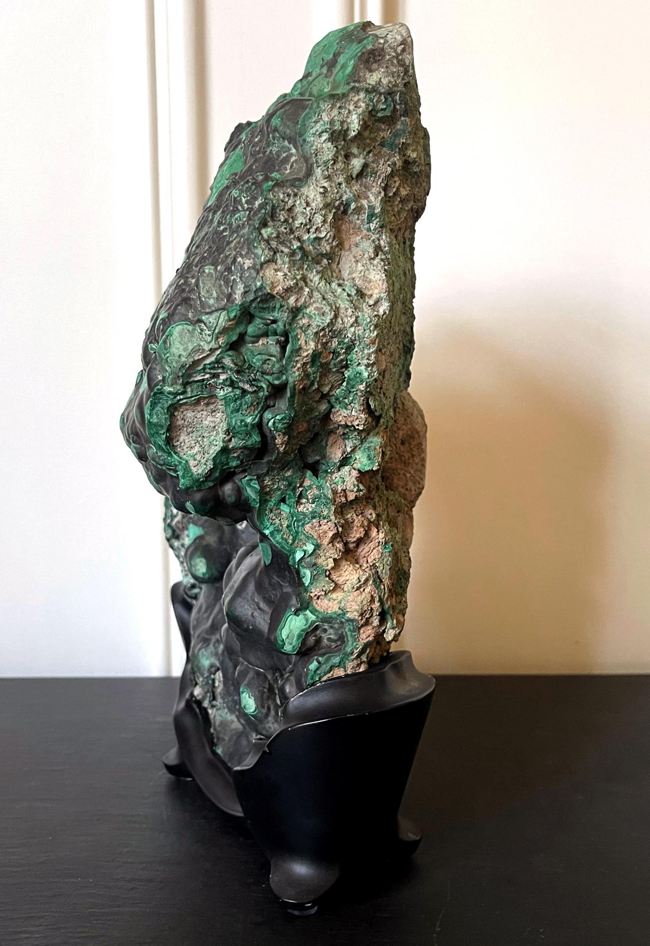 American Natural Malachite Rock on Display Stand as Chinese Scholar Stone For Sale