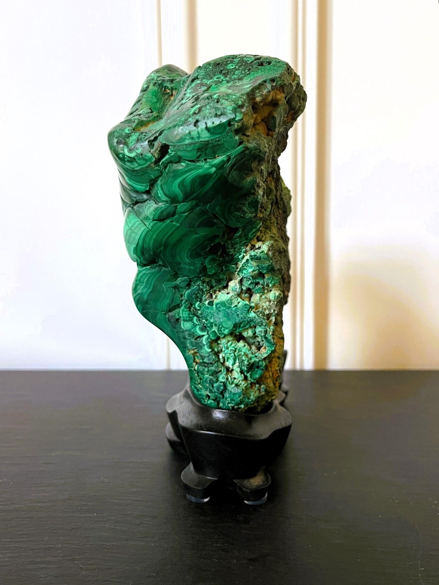 American Natural Malachite Rock on Display Stand as Chinese Scholar Stone