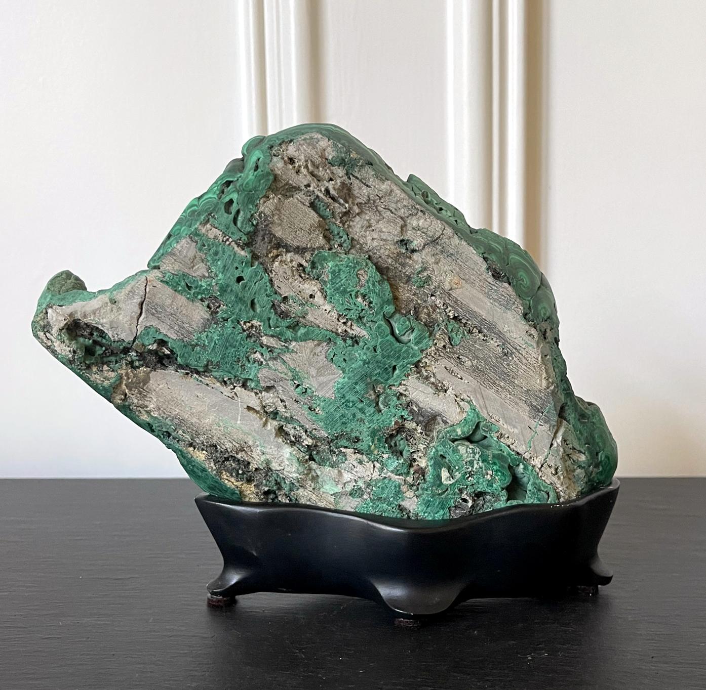 American Natural Malachite Rock on Display Stand as Chinese Scholar Stone For Sale