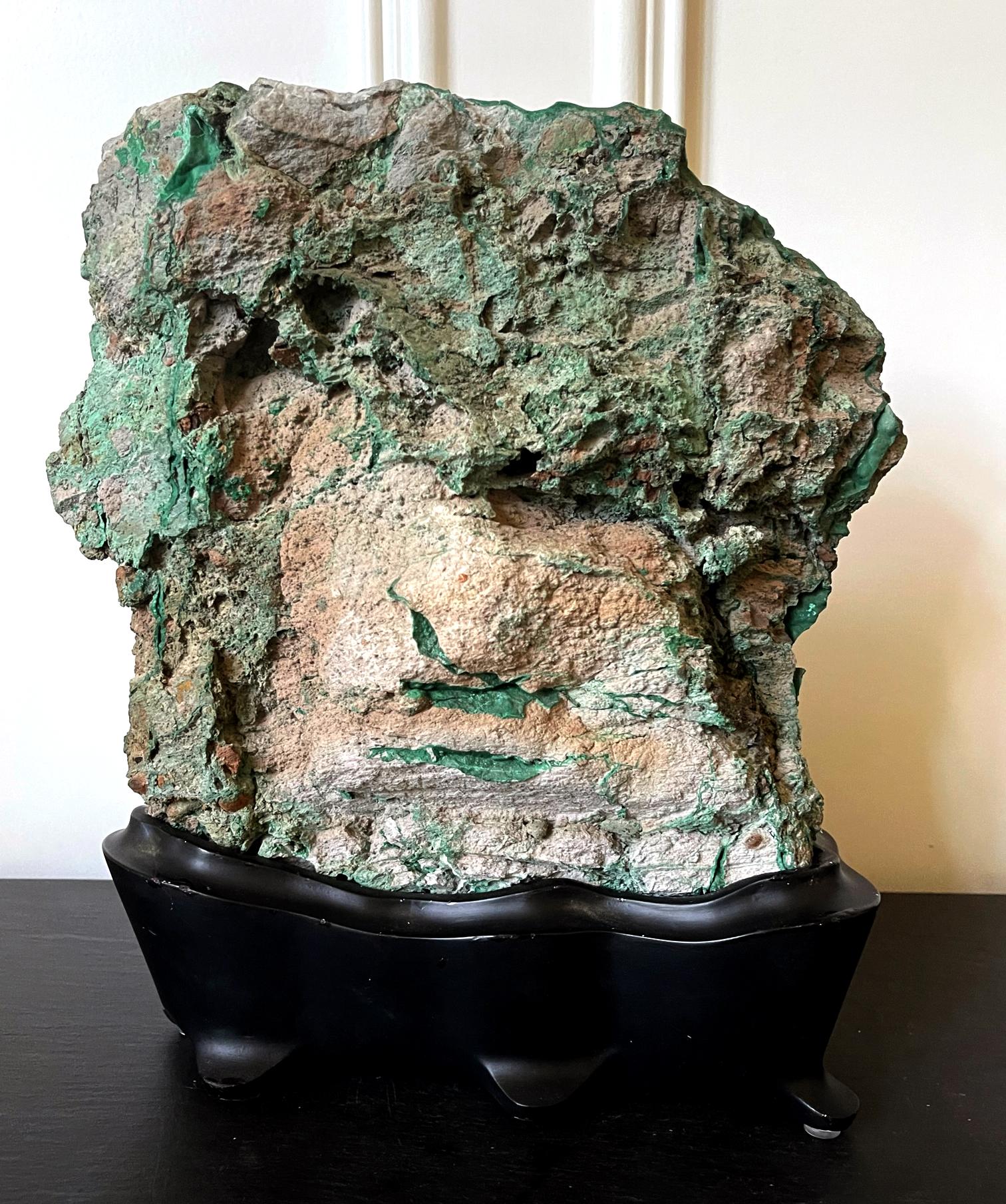 Natural Malachite Rock on Display Stand as Chinese Scholar Stone In Good Condition For Sale In Atlanta, GA
