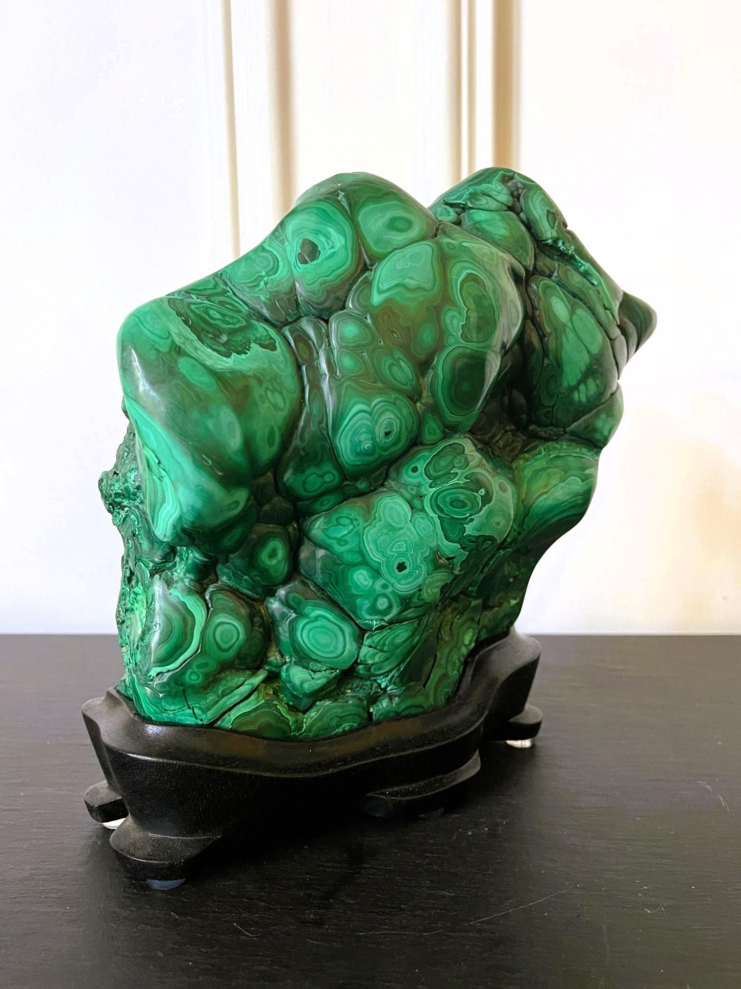 20th Century Natural Malachite Rock on Display Stand as Chinese Scholar Stone
