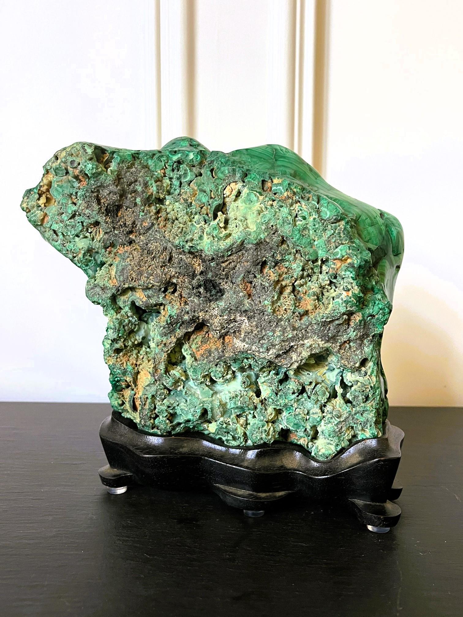 Natural Malachite Rock on Display Stand as Chinese Scholar Stone 1