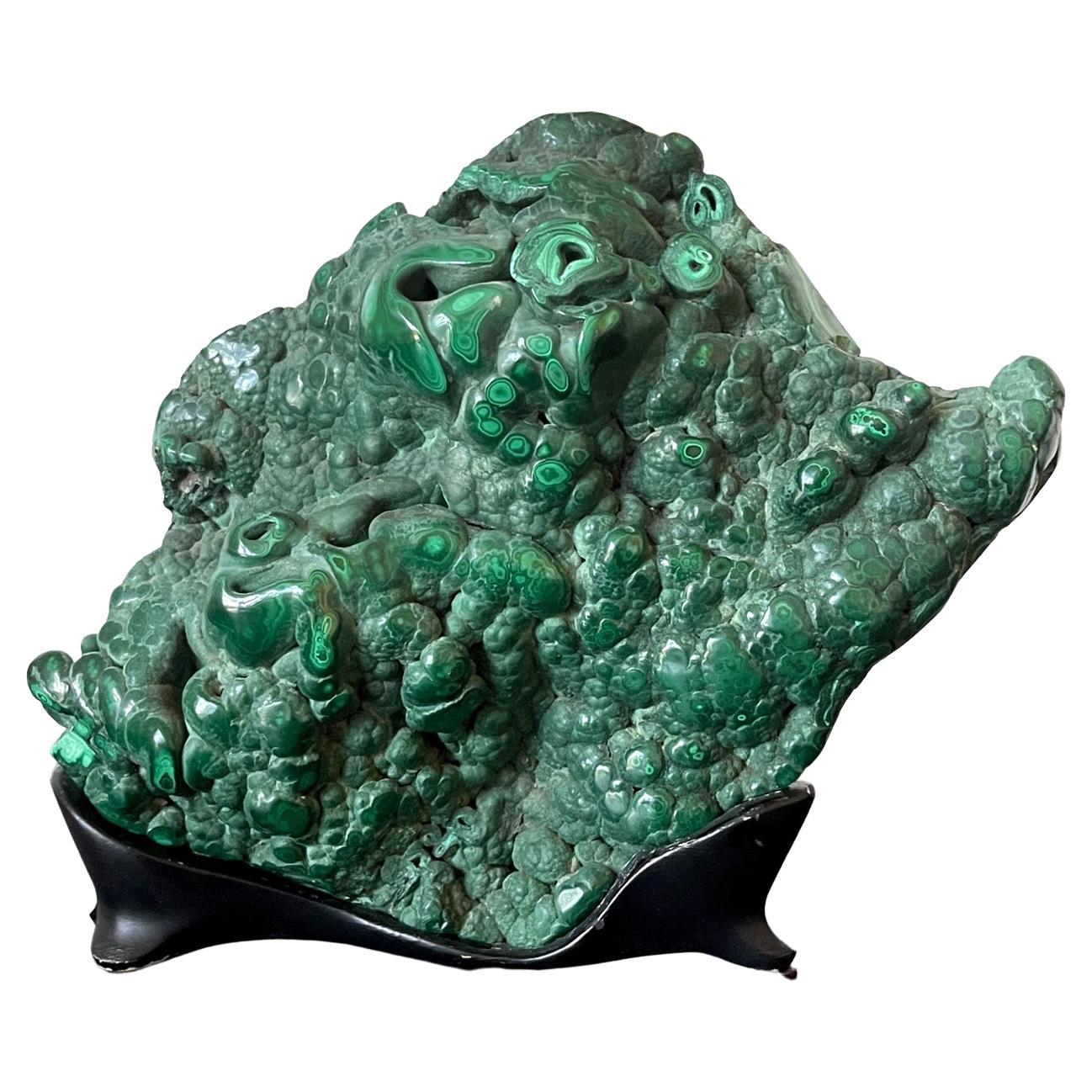 Natural Malachite Rock on Display Stand as Chinese Scholar Stone For Sale