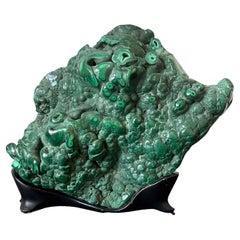 Used Natural Malachite Rock on Display Stand as Chinese Scholar Stone