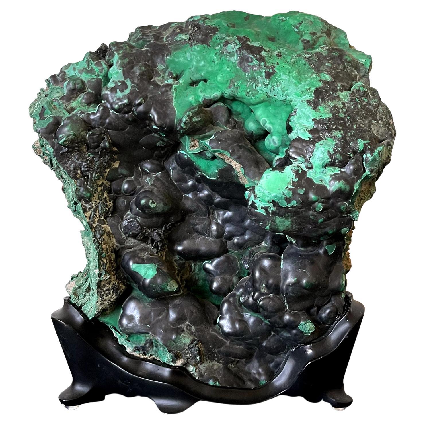 Natural Malachite Rock on Display Stand as Chinese Scholar Stone For Sale