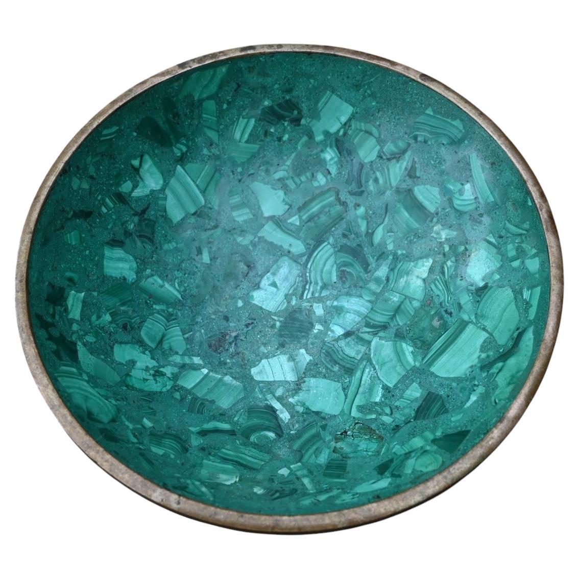 Natural Malachite round Bowl  with brass rim, 1950s