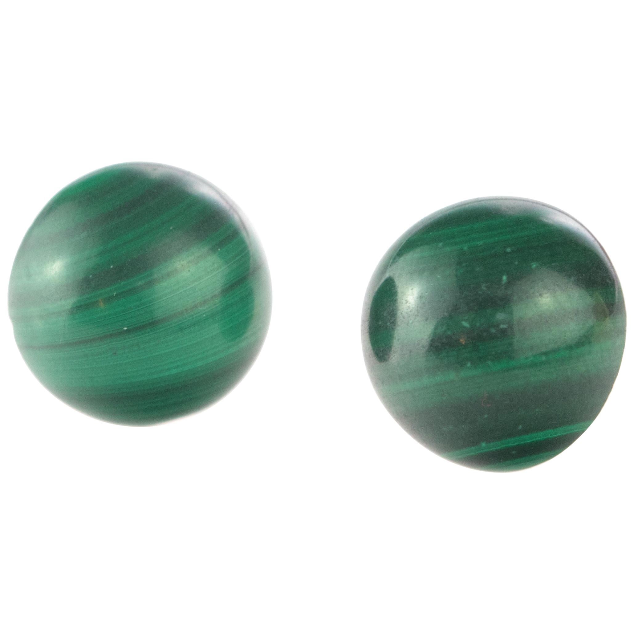 Natural Malachite Round Cabochon 14 Karat Gold Stud Chic Cocktail Earrings