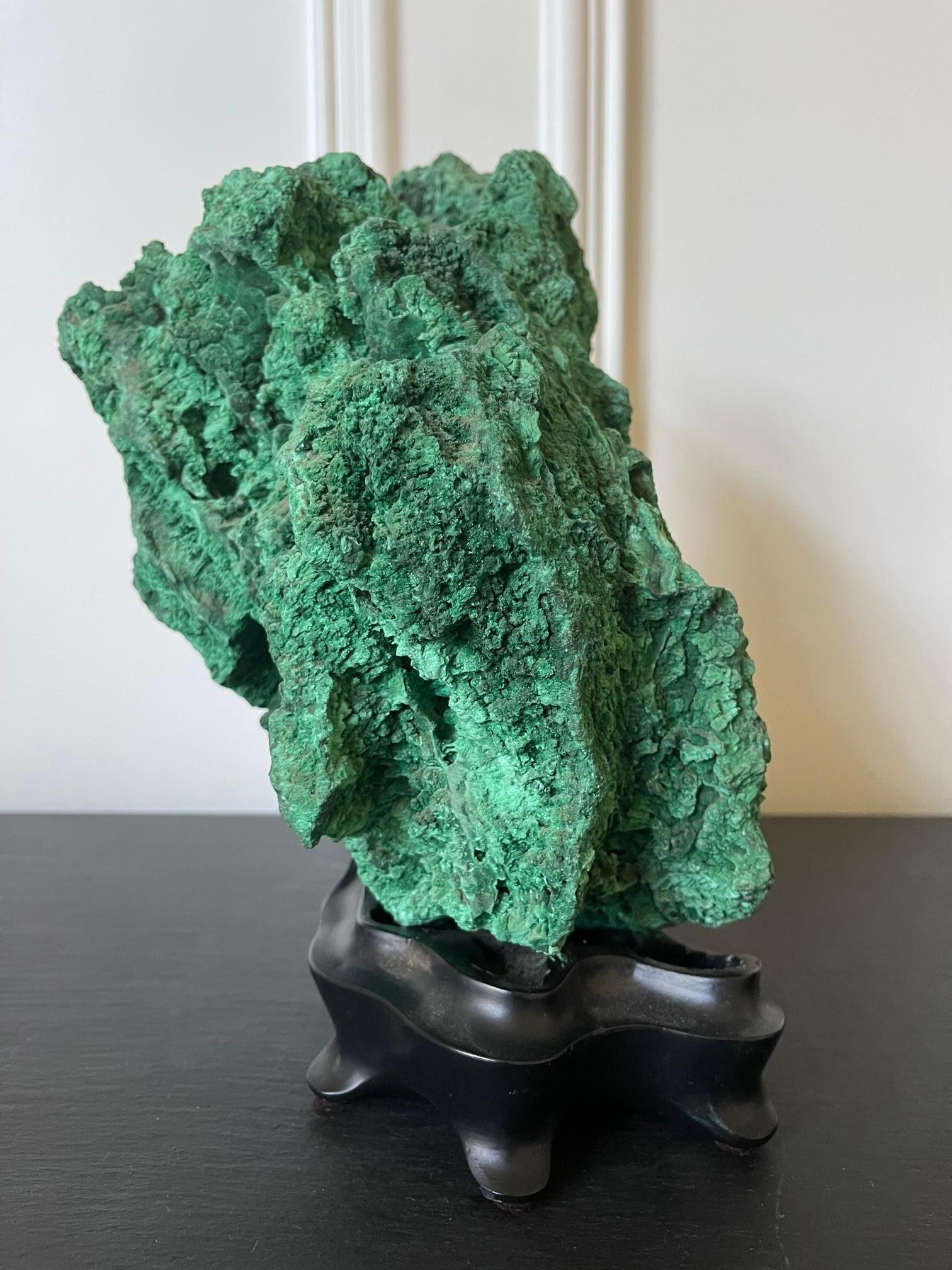 Natural Malachite Scholar Stone on Display Stand For Sale 5
