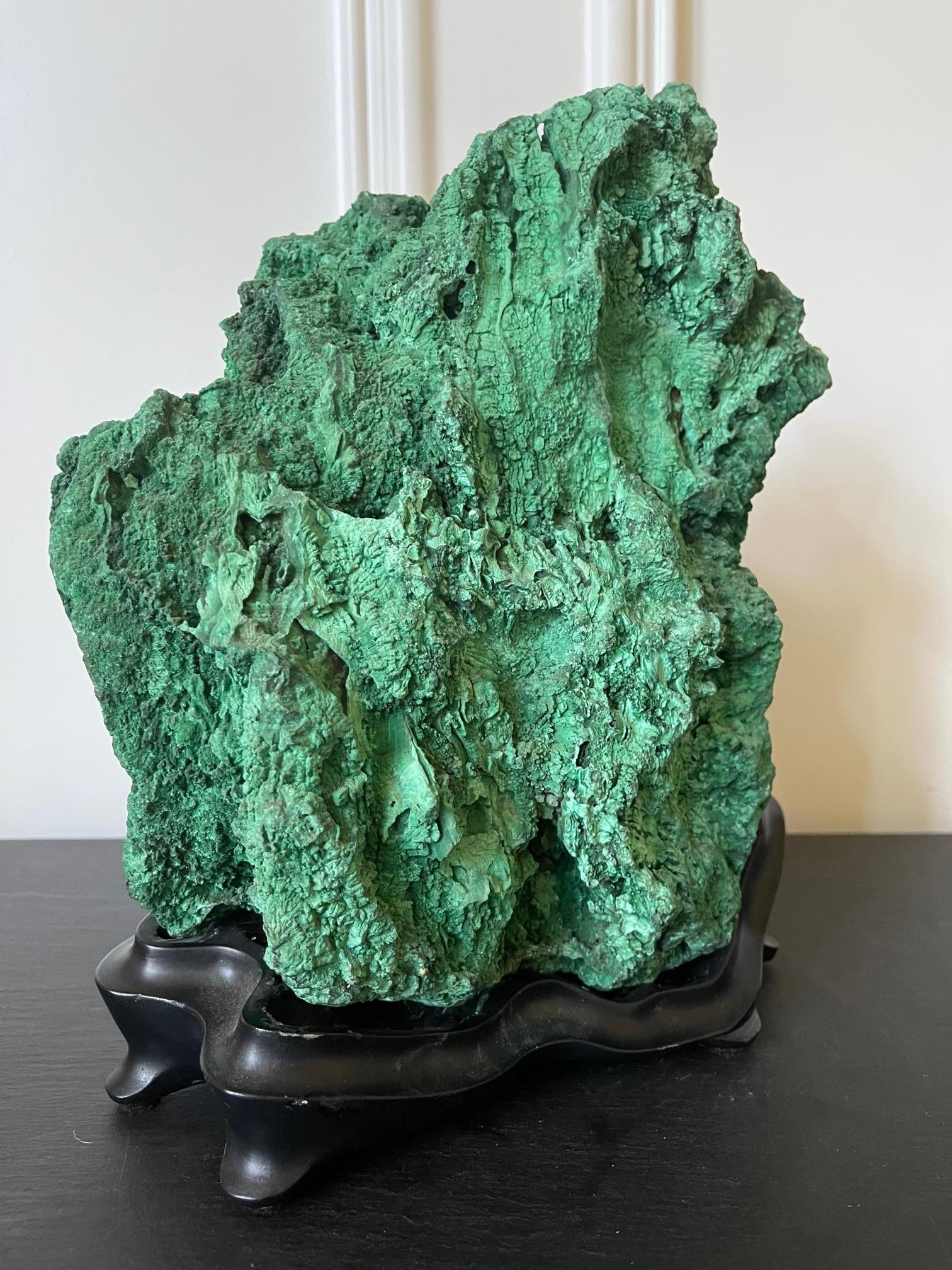 Natural Malachite Scholar Stone on Display Stand For Sale 6