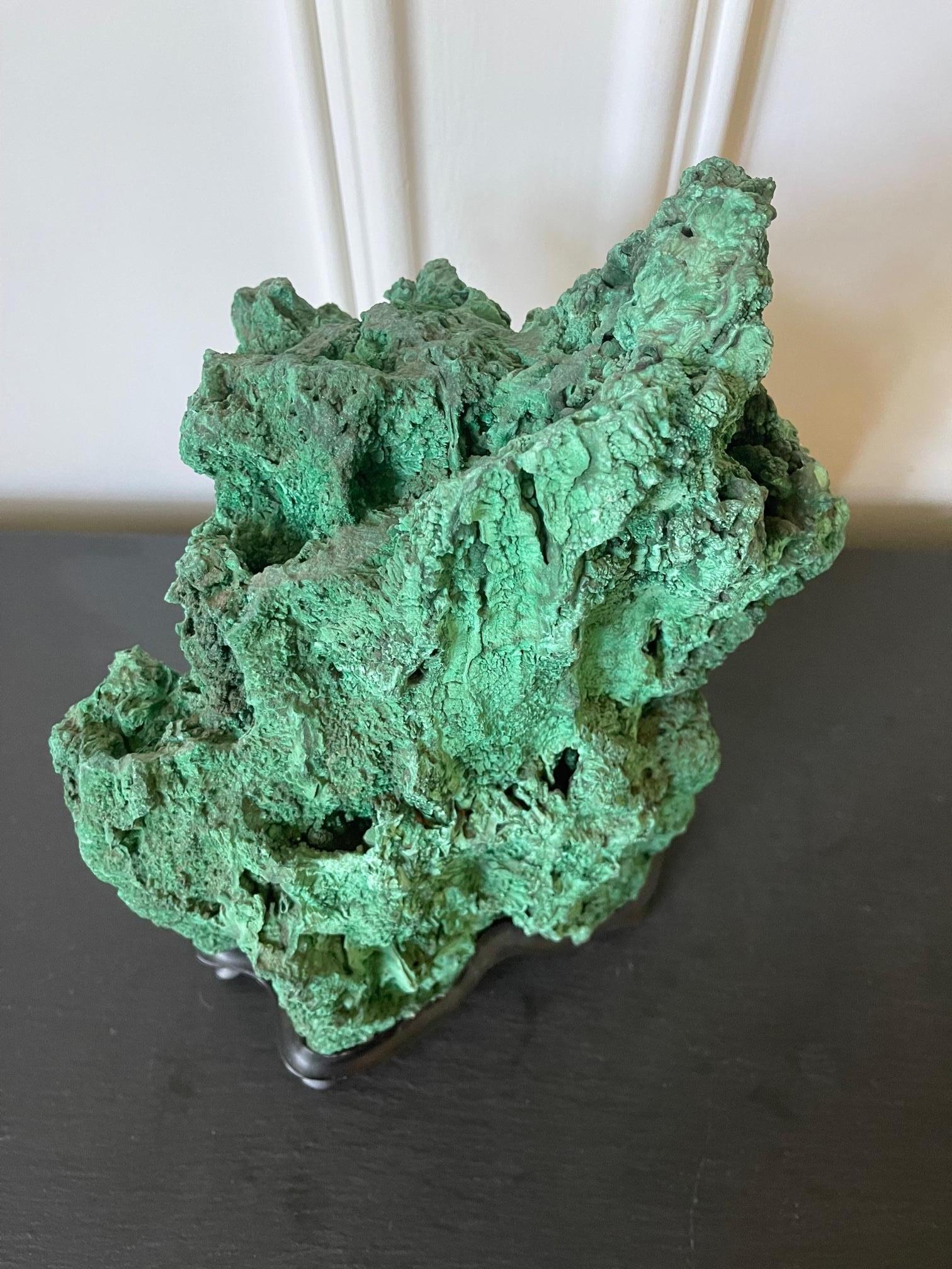 Natural Malachite Scholar Stone on Display Stand For Sale 7