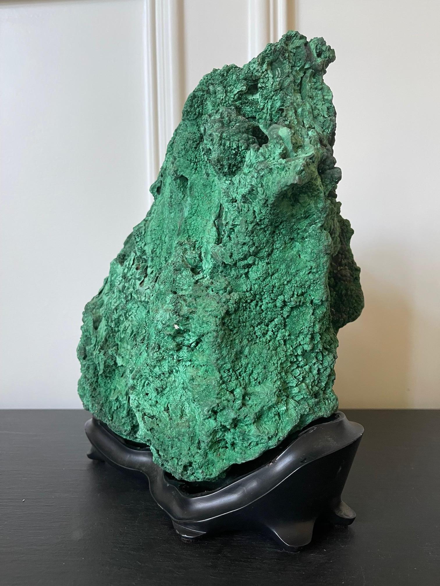 Natural Malachite Scholar Stone on Display Stand In Good Condition For Sale In Atlanta, GA