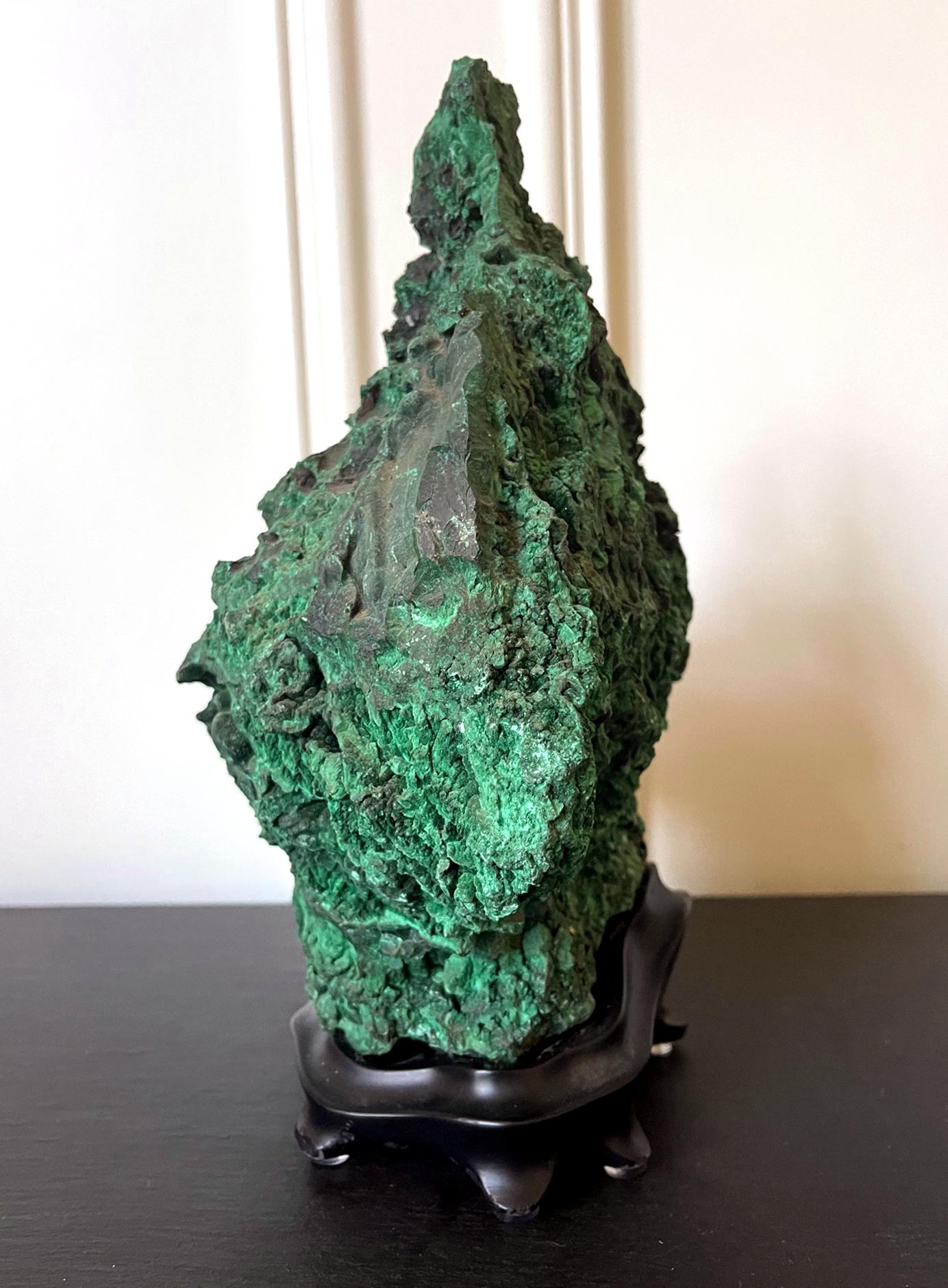20th Century Natural Malachite Scholar Stone on Display Stand For Sale