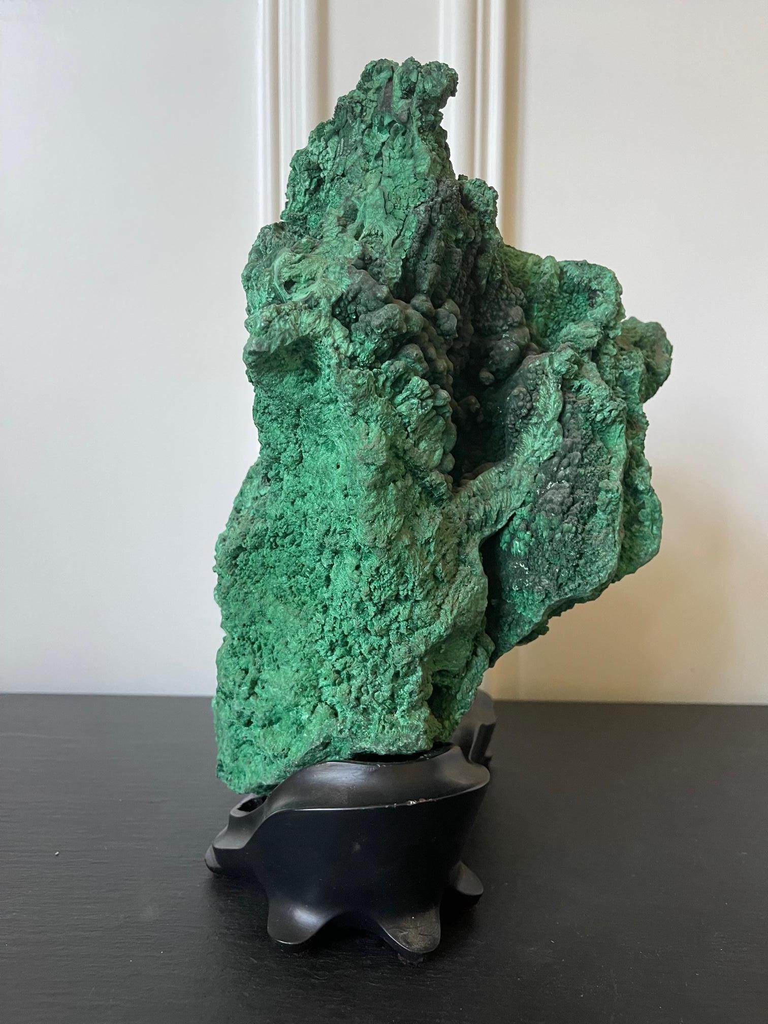20th Century Natural Malachite Scholar Stone on Display Stand For Sale
