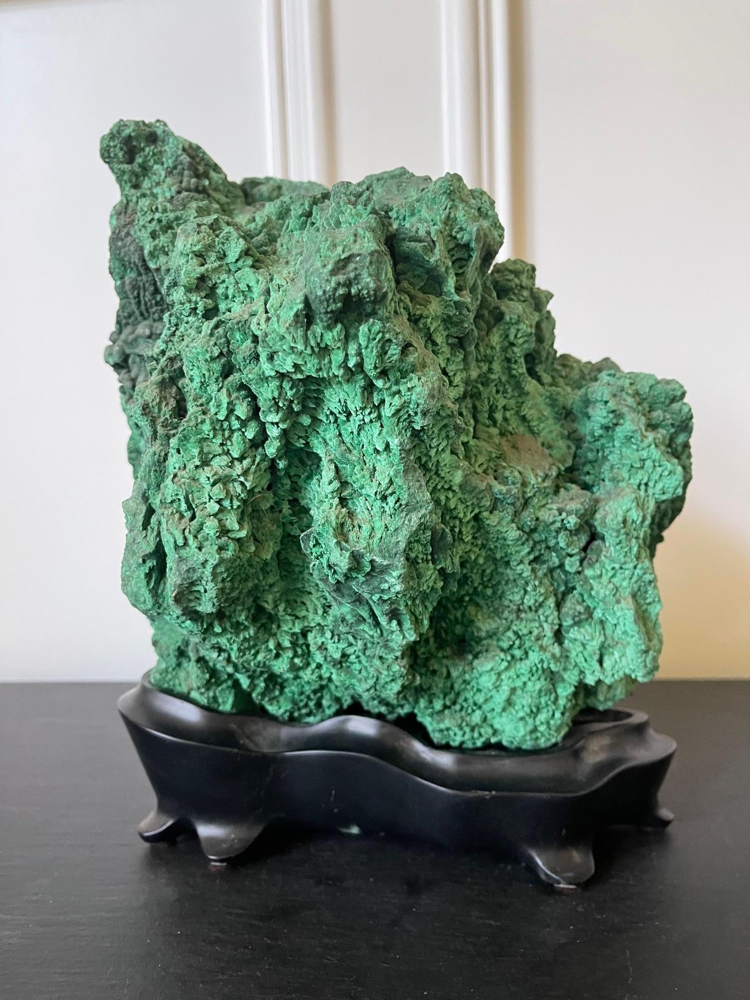 Natural Malachite Scholar Stone on Display Stand For Sale 1