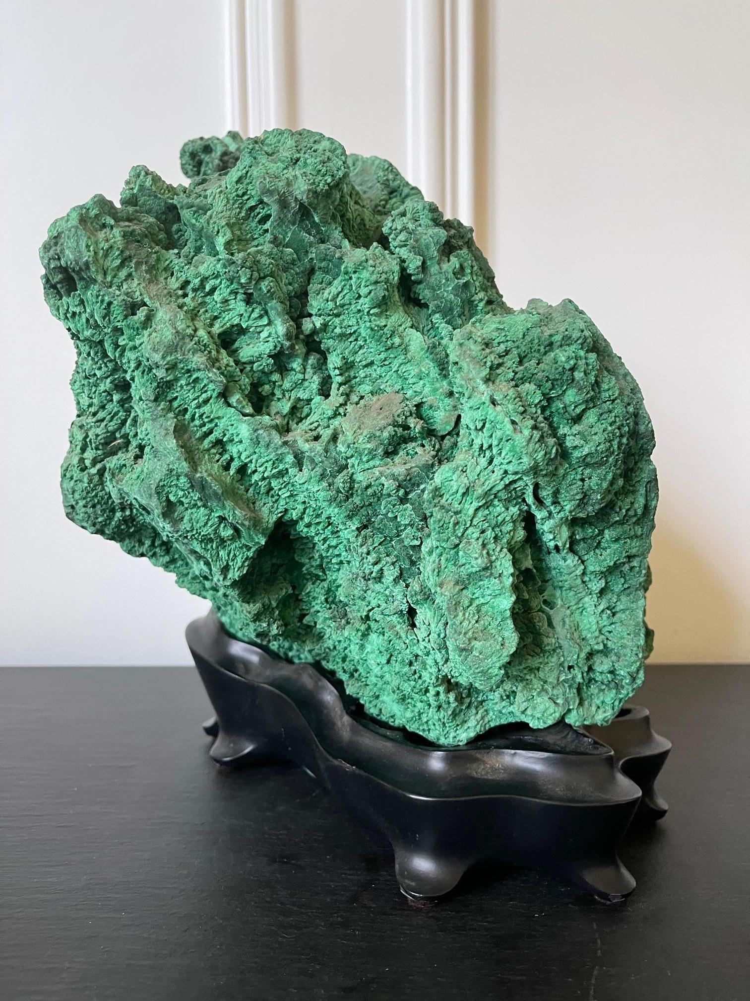 Natural Malachite Scholar Stone on Display Stand For Sale 3