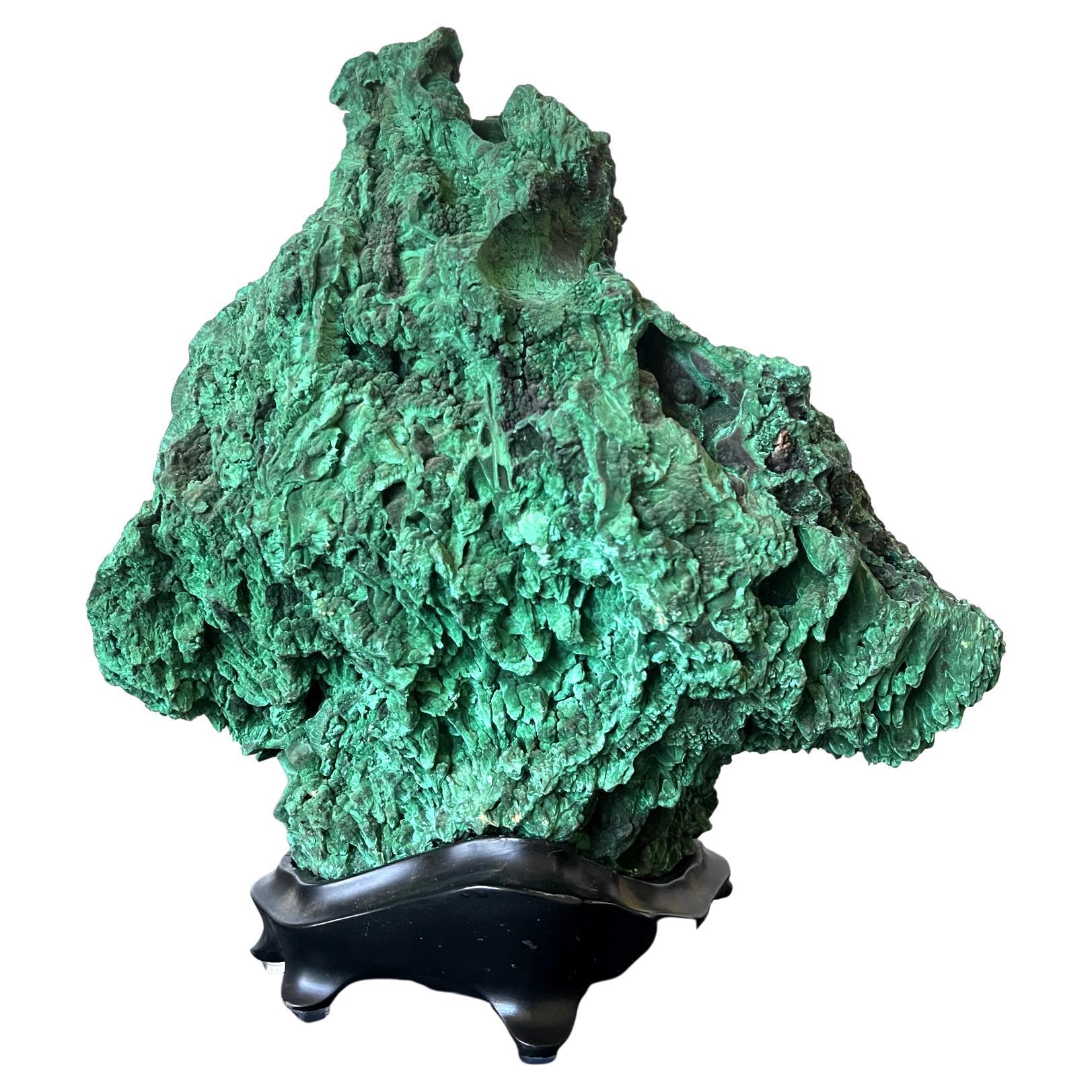 Natural Malachite Scholar Stone on Display Stand For Sale
