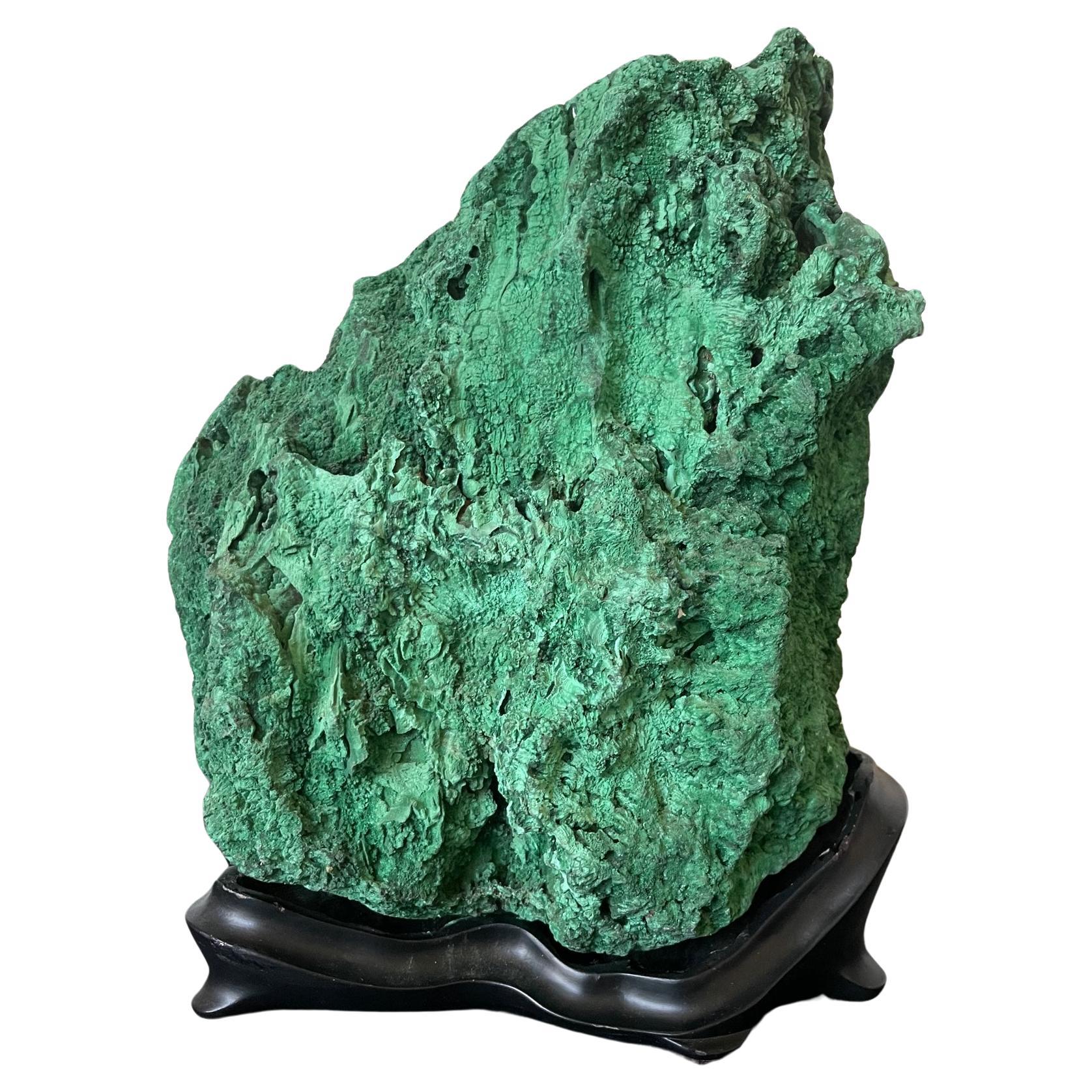 Natural Malachite Scholar Stone on Display Stand For Sale