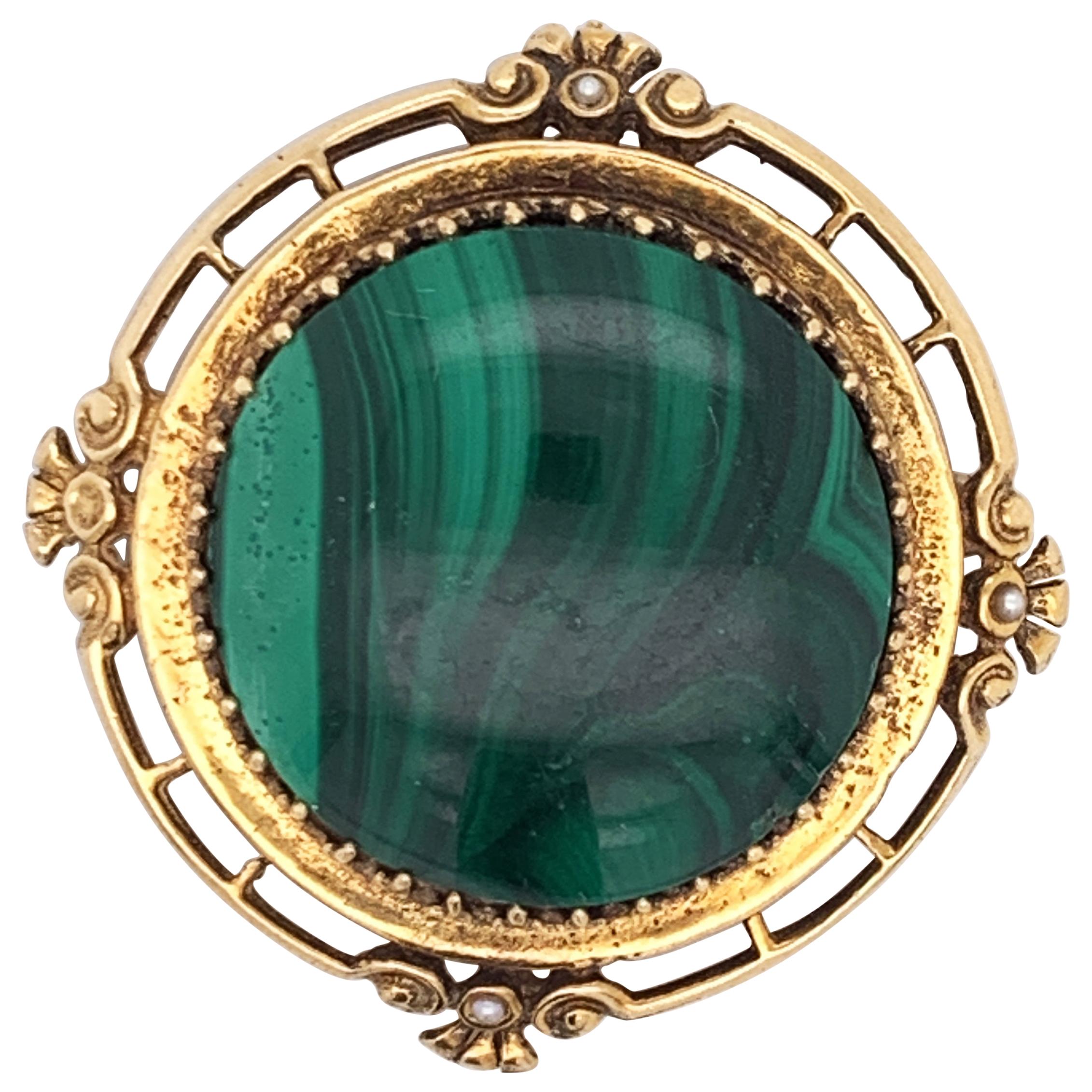 Natural Malachite Stone Brooch Framed in 14 Karat Yellow Gold With Accent Pearls