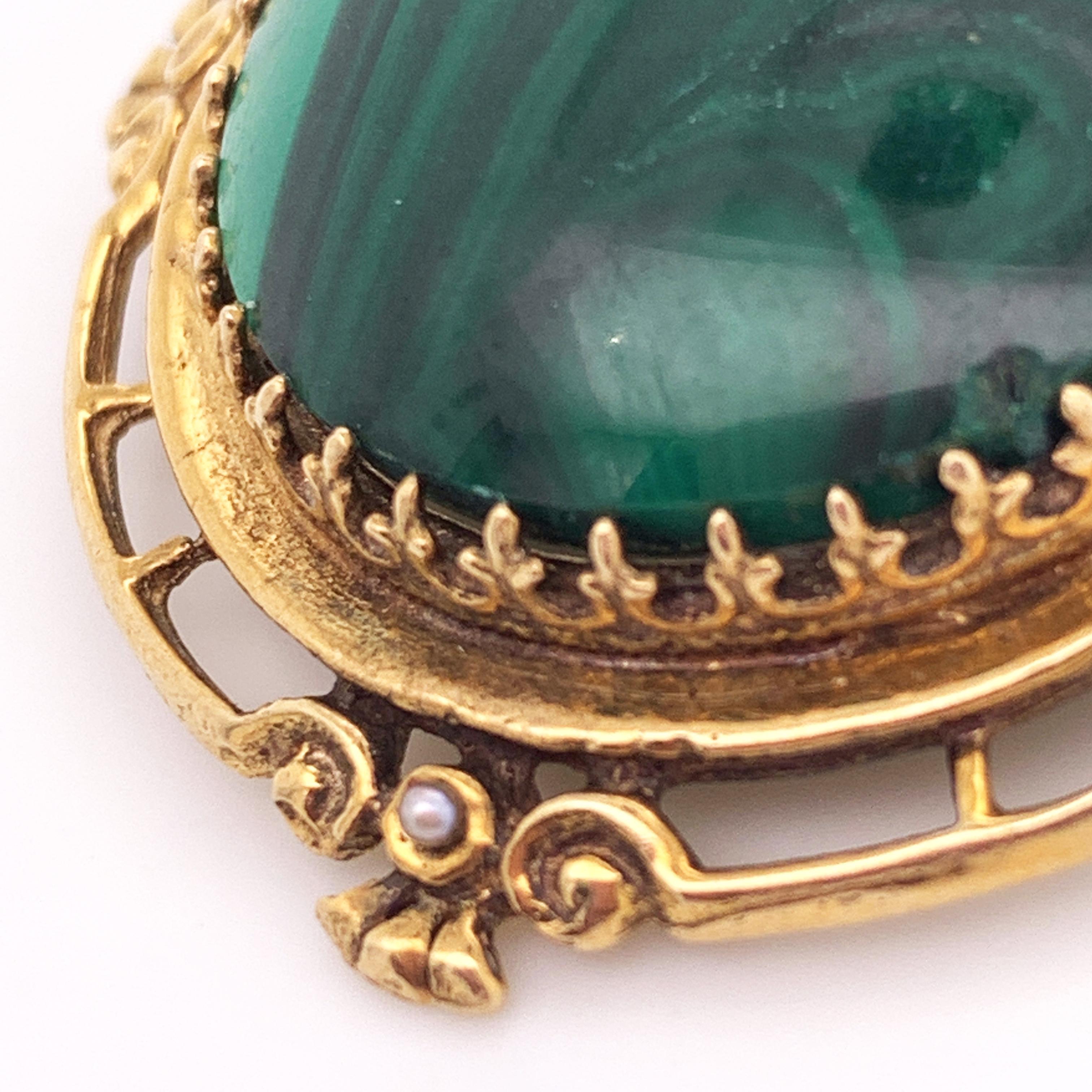Baroque Natural Malachite Stone Brooch Framed in 14 Karat Yellow Gold With Accent Pearls