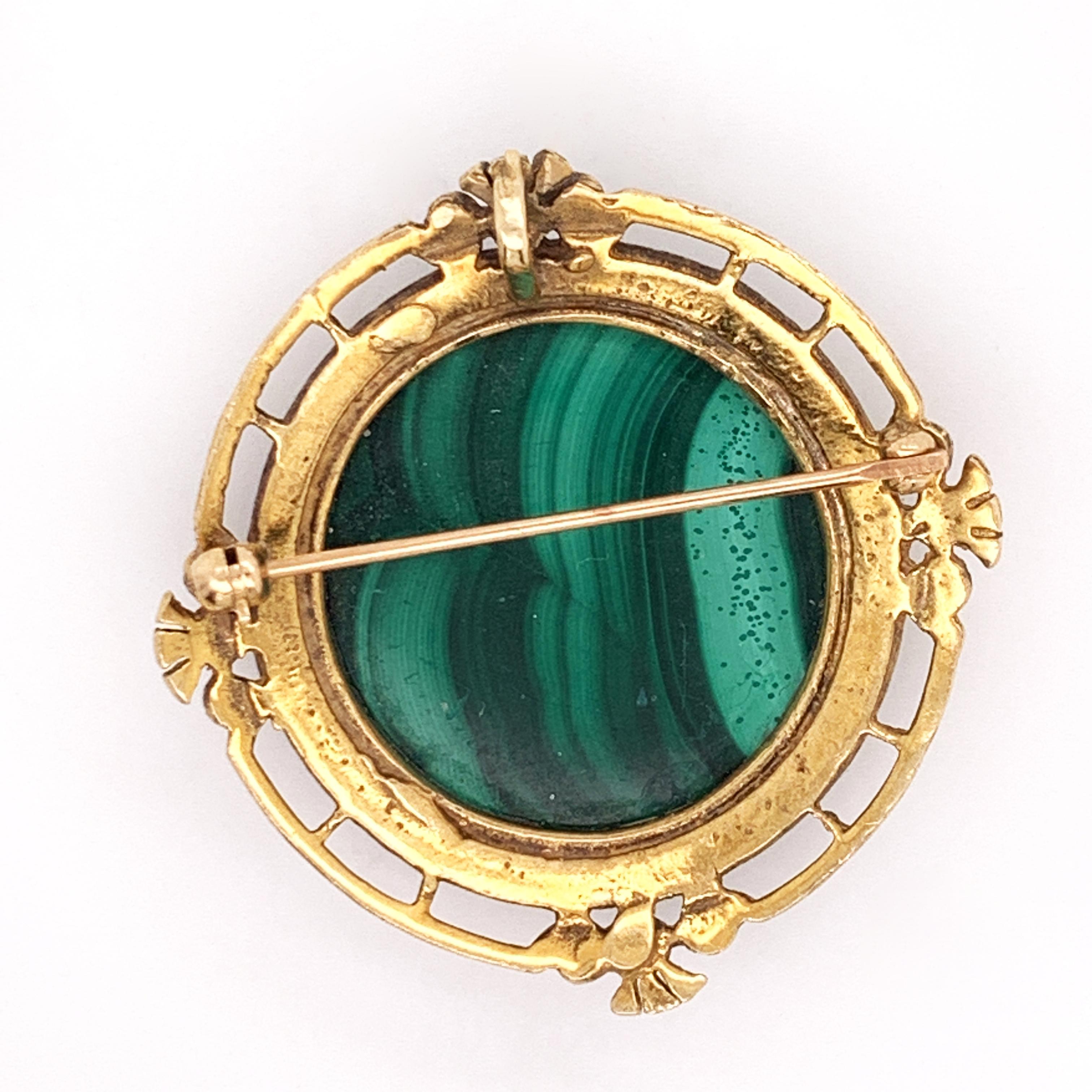 Round Cut Natural Malachite Stone Brooch Framed in 14 Karat Yellow Gold With Accent Pearls