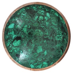 Natural Malachite Stone Round Bowl / Vide-Poche with Metal Rim, 1950s