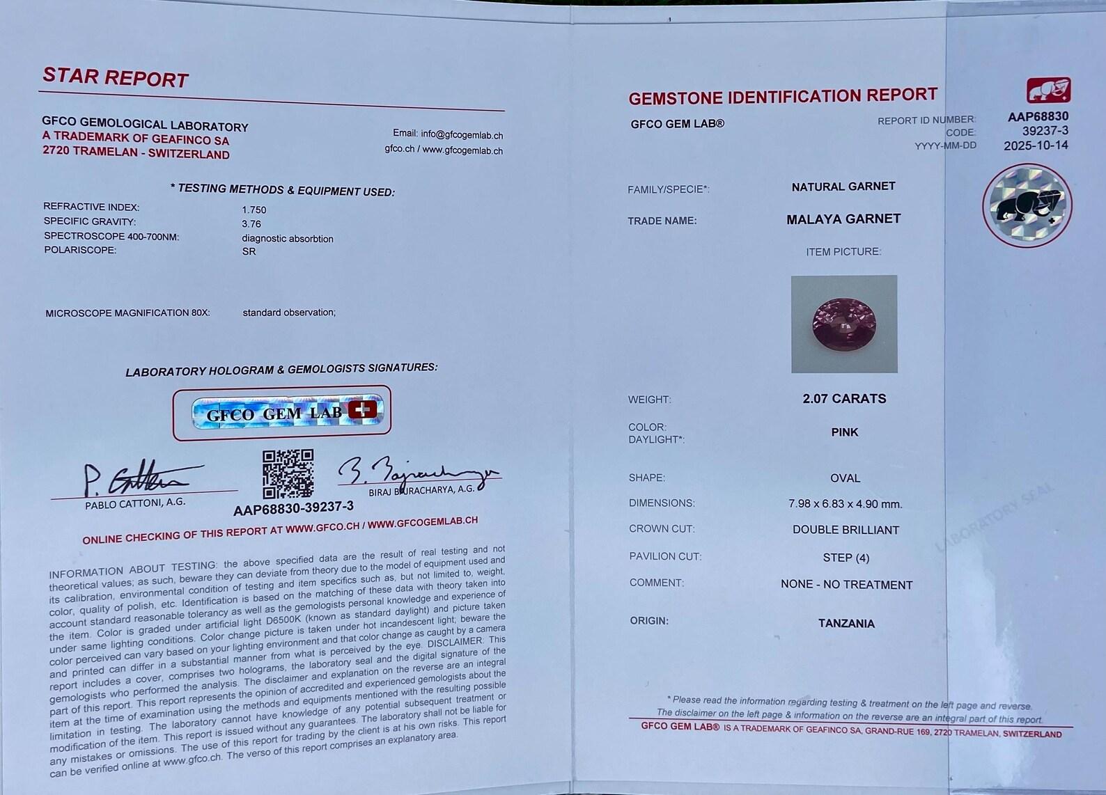 Granate de Malaya Natural Gema Suelta 2,07 qt, Certificado GFCO, Origen Tanzania en venta 7