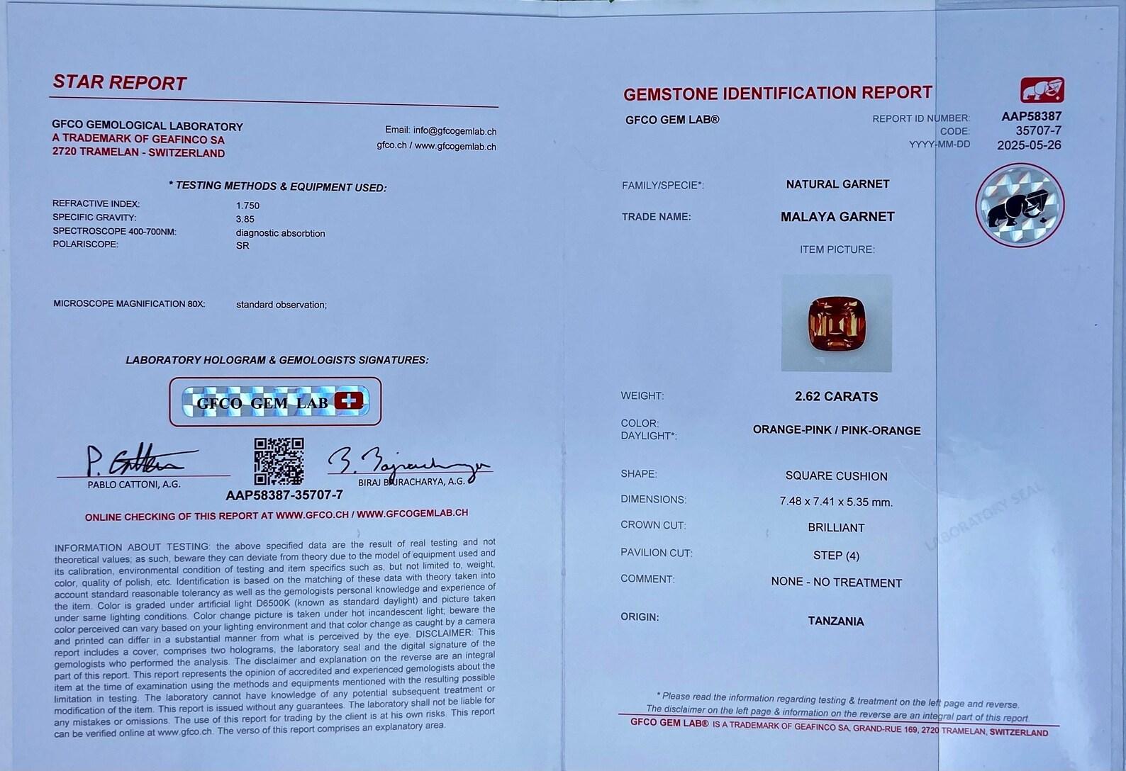 Cushion Cut Natural Malaya Garnet Loose Gemstone 2.62 Ct., Cushion, Tanzania, Certificate For Sale