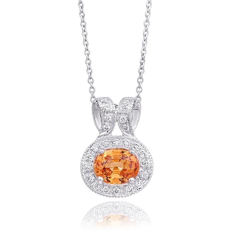 Découvrez l'allure vibrante du grenat mandarin naturel avec ce pendentif exquis, magnifiquement serti dans de l'or blanc 14K. Complétée par des diamants étincelants, cette pièce témoigne d'un savoir-faire exceptionnel et de la beauté captivante de
