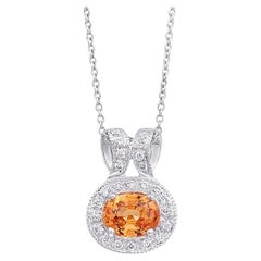 Natural Mandarin Garnet Stone 0.83 cts in 14K White Gold Pendant with Diamonds