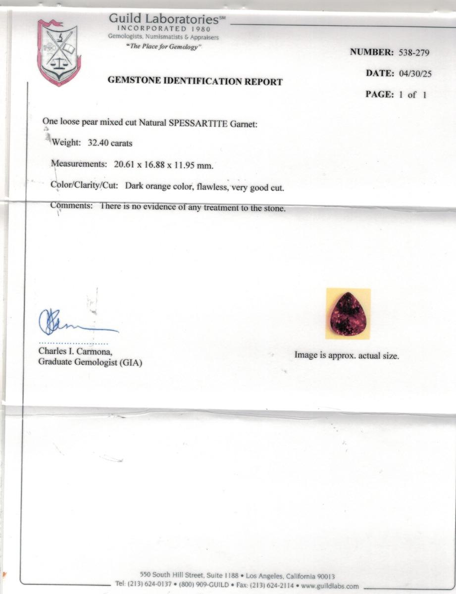 Gema natural de granate mandarina-espesartita 32,40 quilates con informe gremial Corte mixto en venta