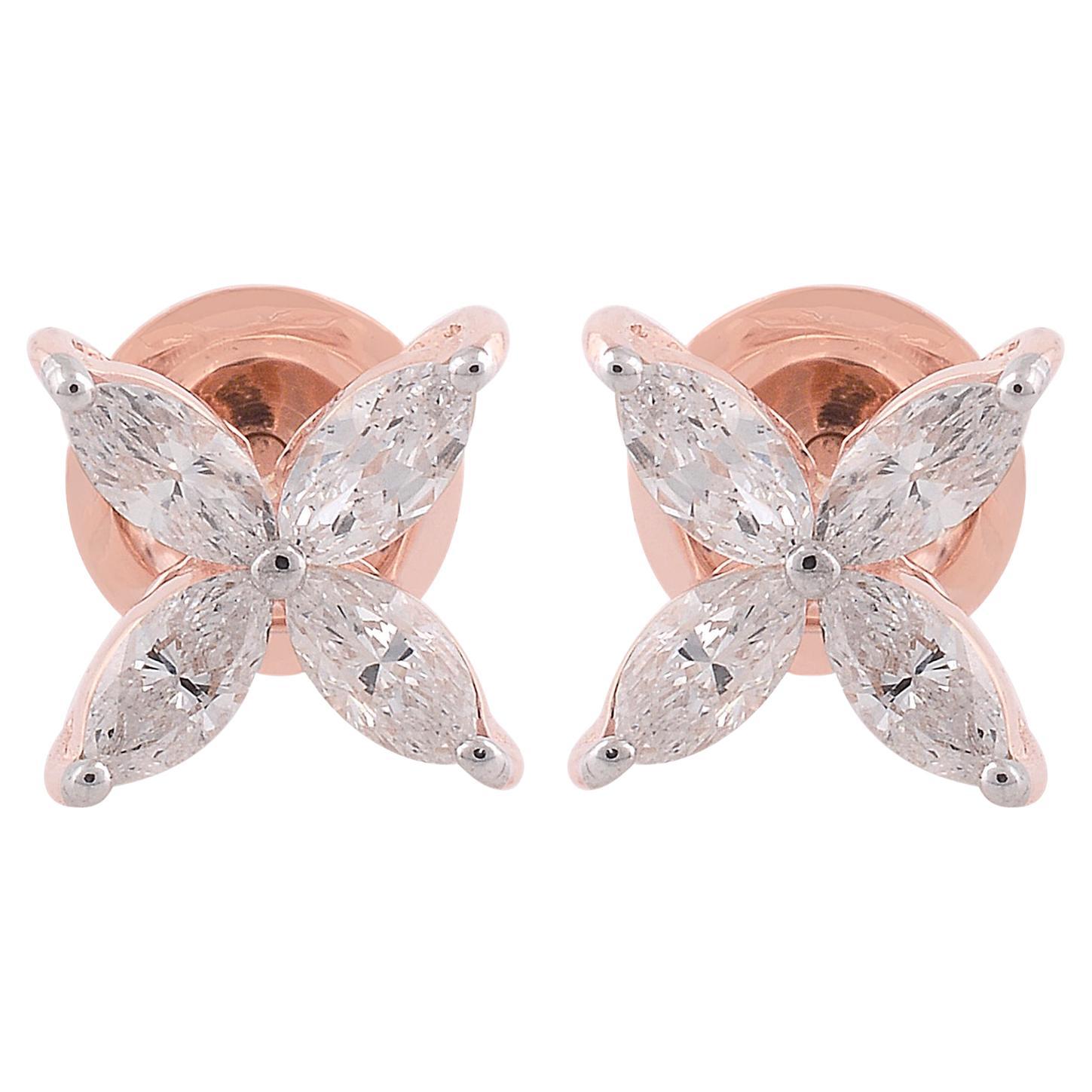 Natural Marquise 0.86ct SI/H Diamond Flower Stud Earring 18 Karat Rose Gold