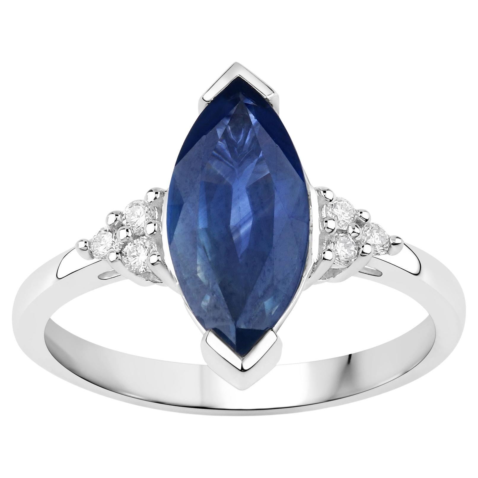 Natural Marquise 4.70 Carat Blue Sapphire and Diamond Ring 14K White Gold In Excellent Condition For Sale In Laguna Niguel, CA