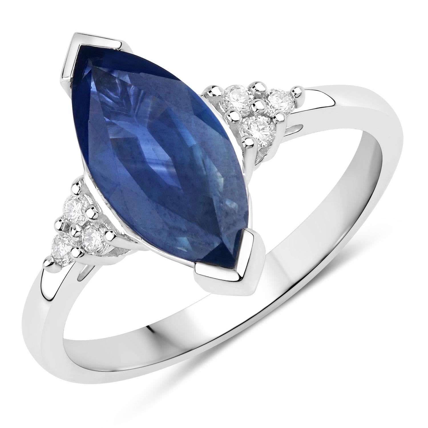 Women's or Men's Natural Marquise 4.70 Carat Blue Sapphire and Diamond Ring 14K White Gold For Sale