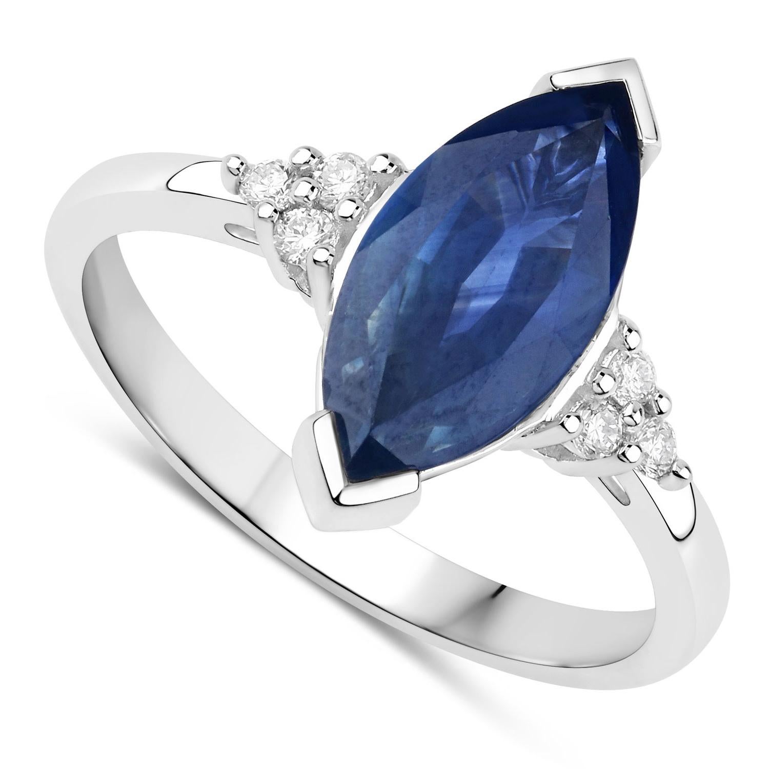 Natural Marquise 4.70 Carat Blue Sapphire and Diamond Ring 14K White Gold For Sale 2